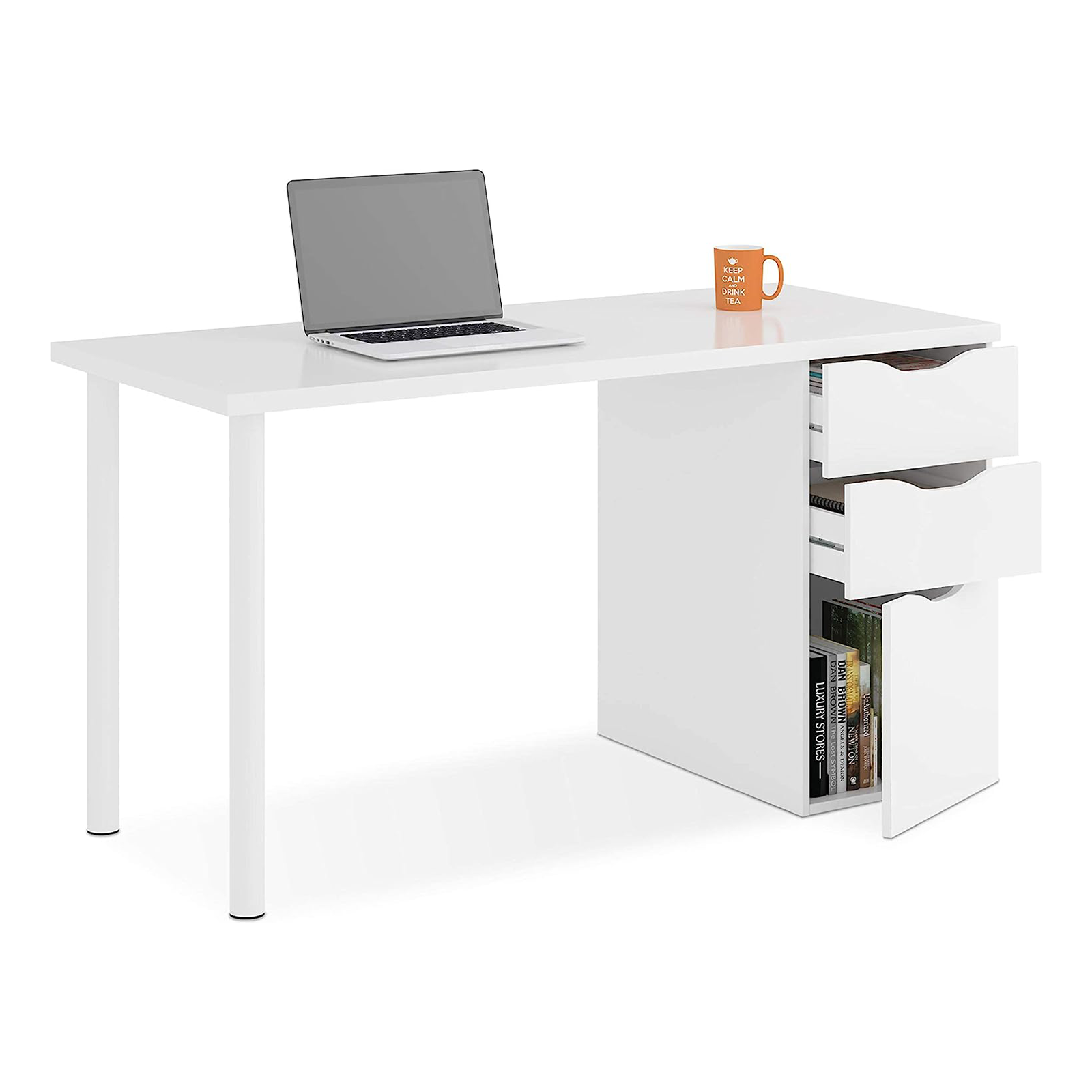 White "Athena" chipboard desk with 3 drawers and metal legs, 138x60 cm, 74h