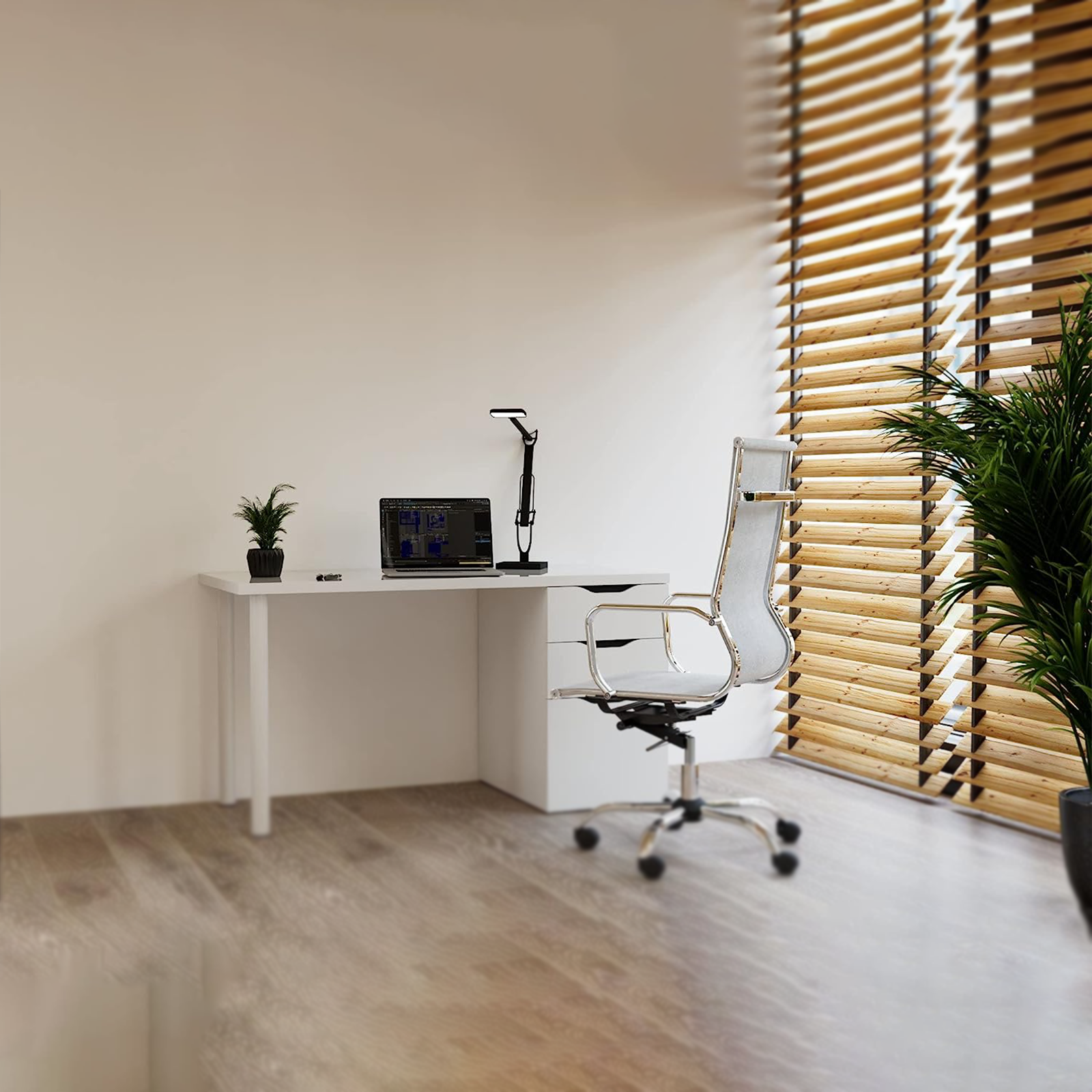White "Athena" chipboard desk with 3 drawers and metal legs, 138x60 cm, 74h