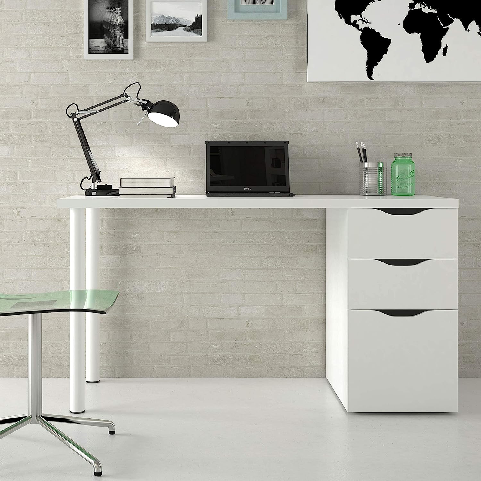 White "Athena" chipboard desk with 3 drawers and metal legs, 138x60 cm, 74h