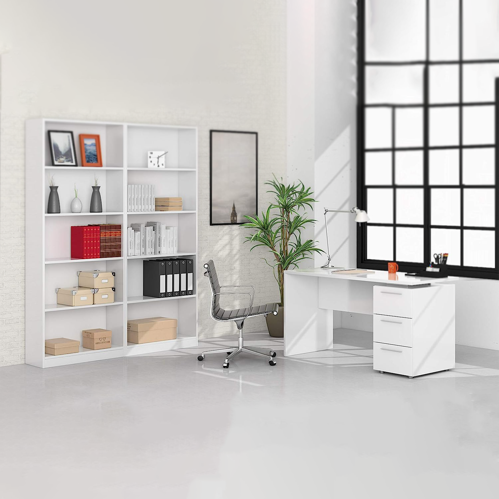 Modern "Stylus" wooden desk in matt white with drawers, 138x60 cm, 74h