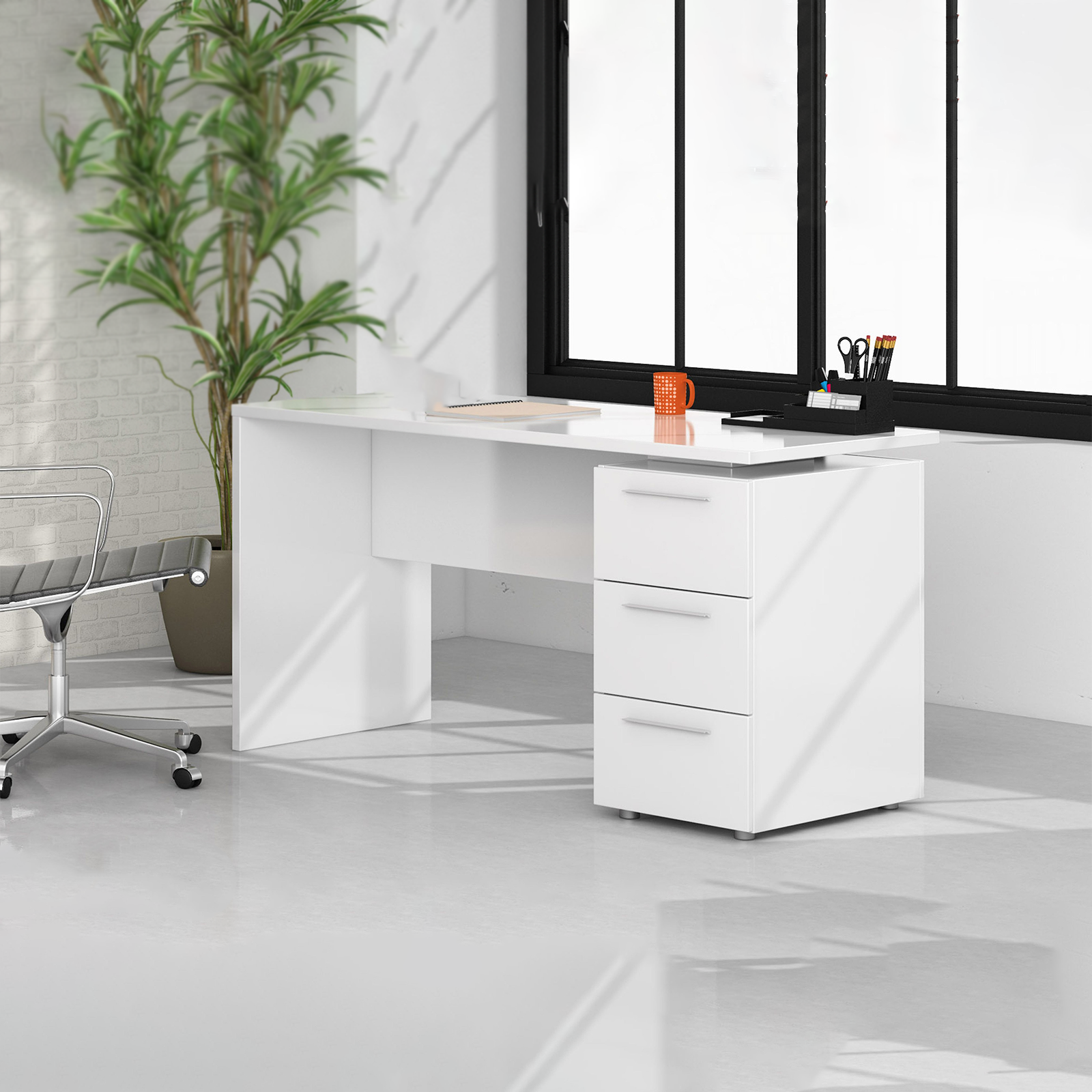 Modern "Stylus" wooden desk in matt white with drawers, 138x60 cm, 74h