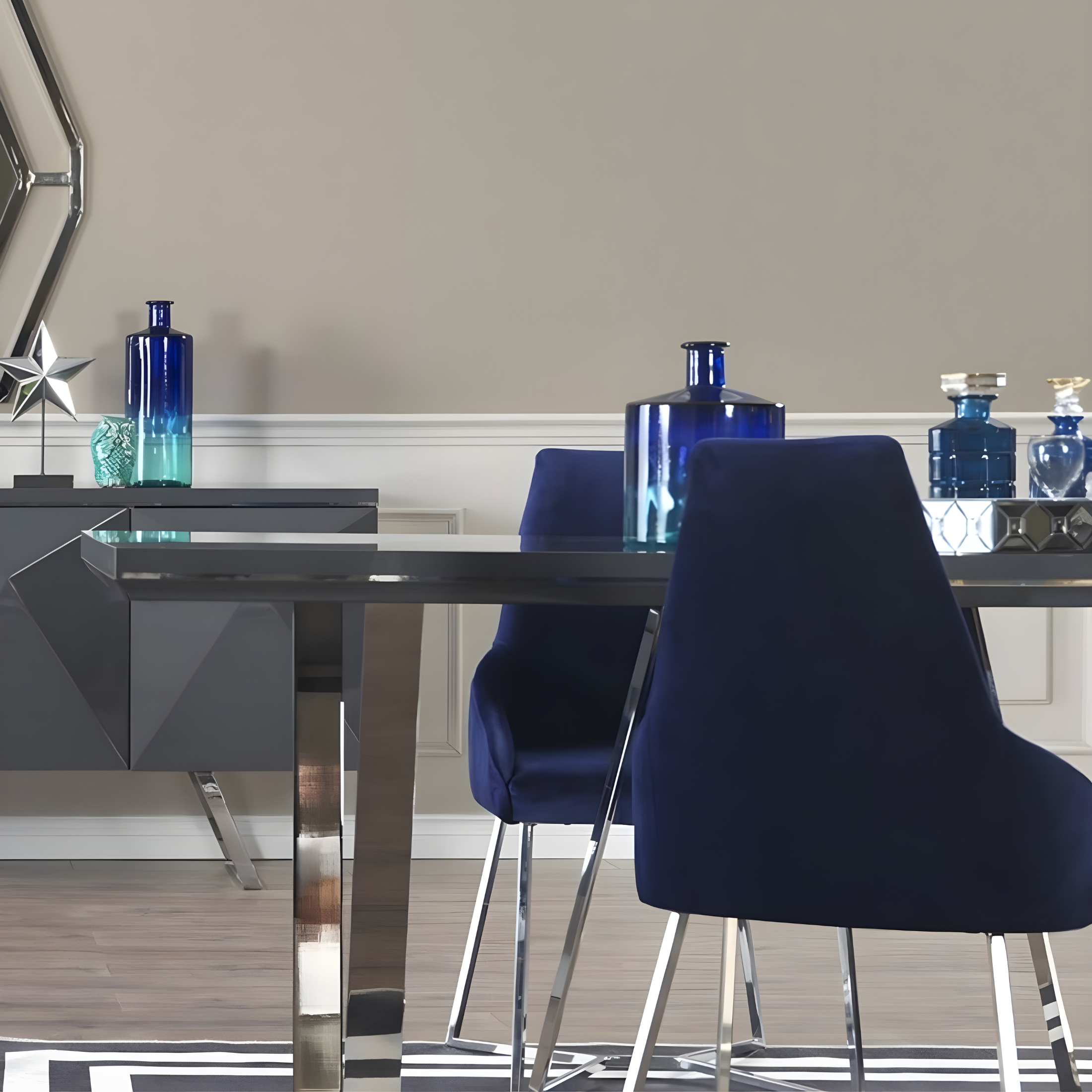 Set of "Enzio" dining chairs upholstered in fabric with metal frame, 52x48 cm, 90 cm high.