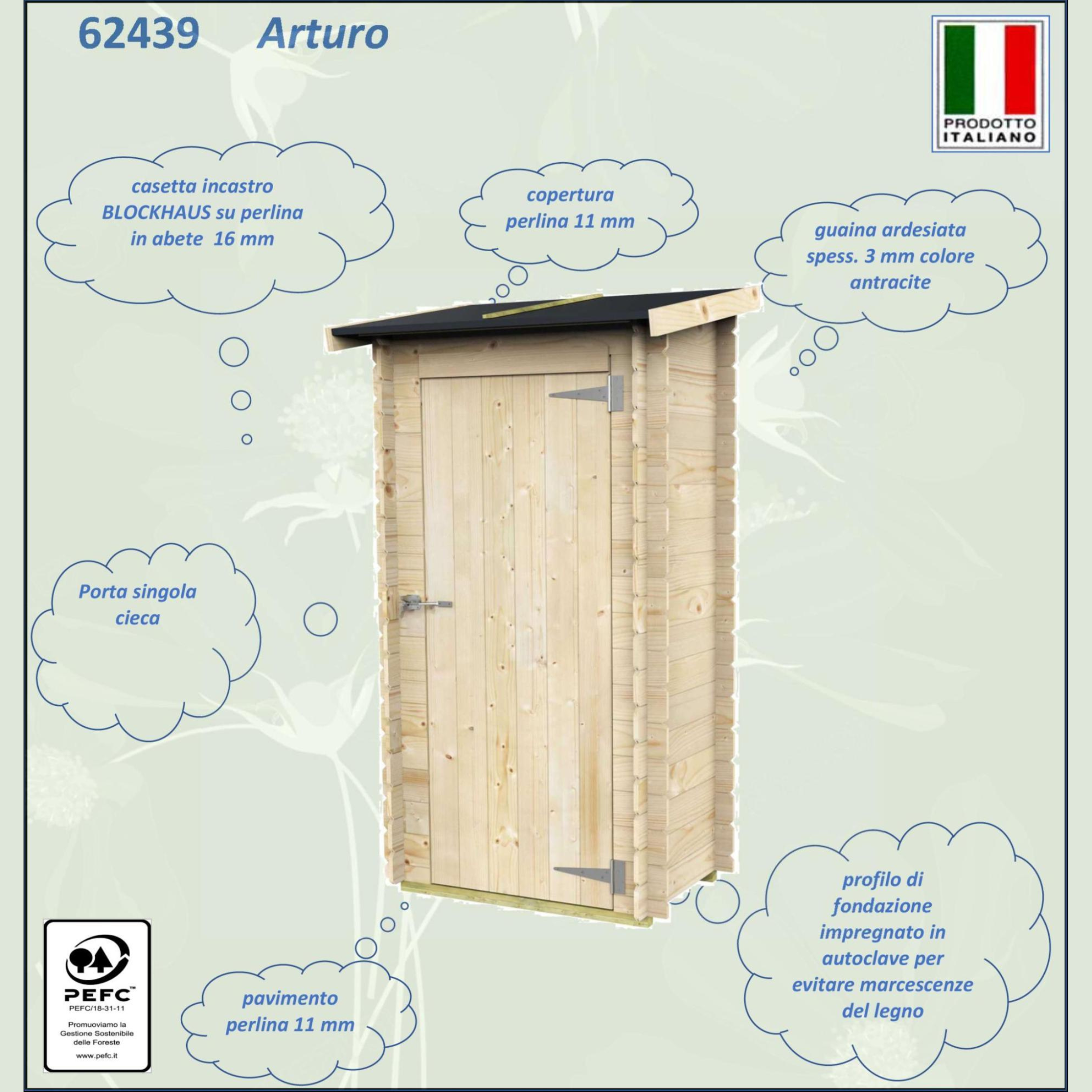 "Arturo" wooden garden shed with single swing door, 98x64 cm, 188 cm high