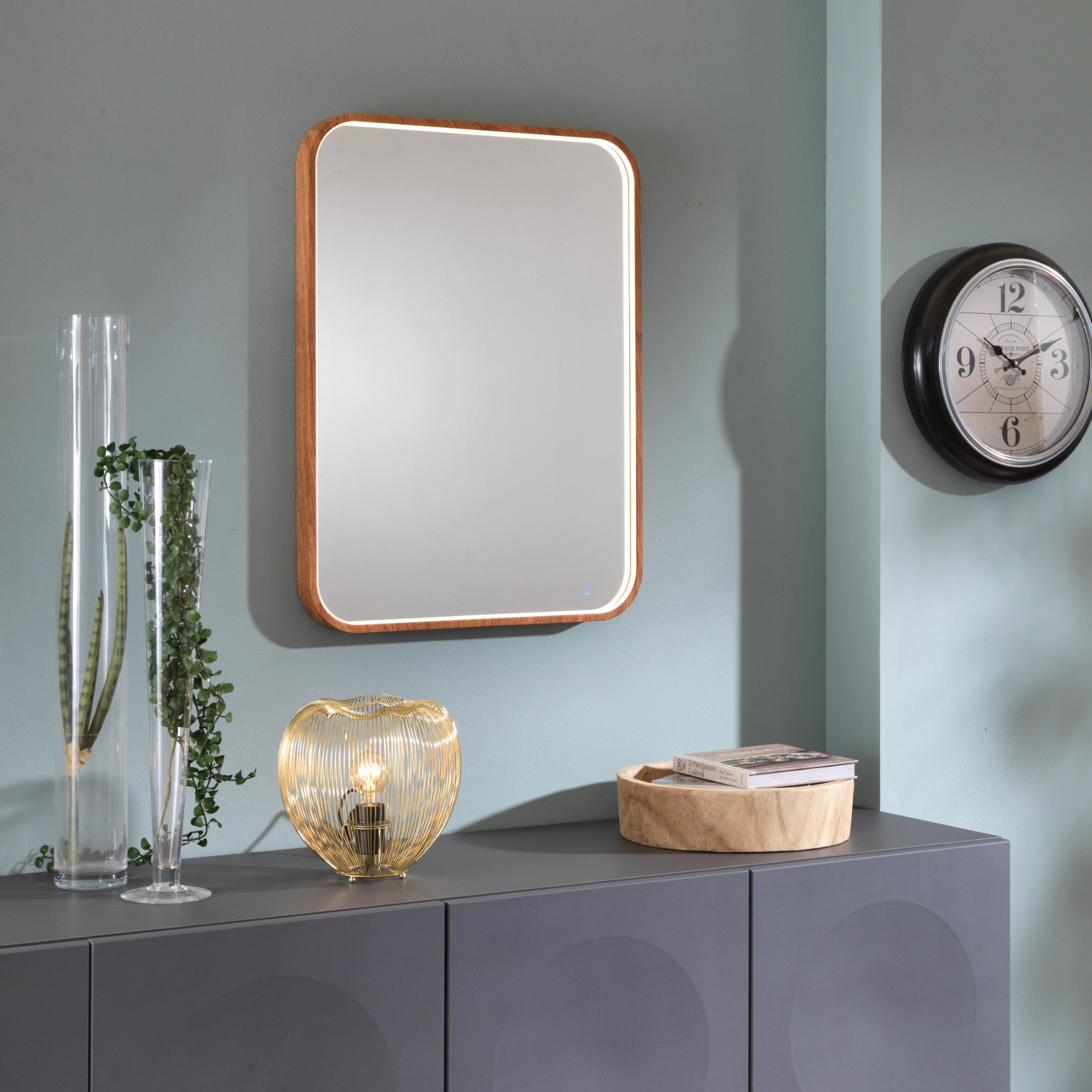 "Lyla" LED wall mirror with wood-effect aluminum frame, 60x5 cm, 80 cm high