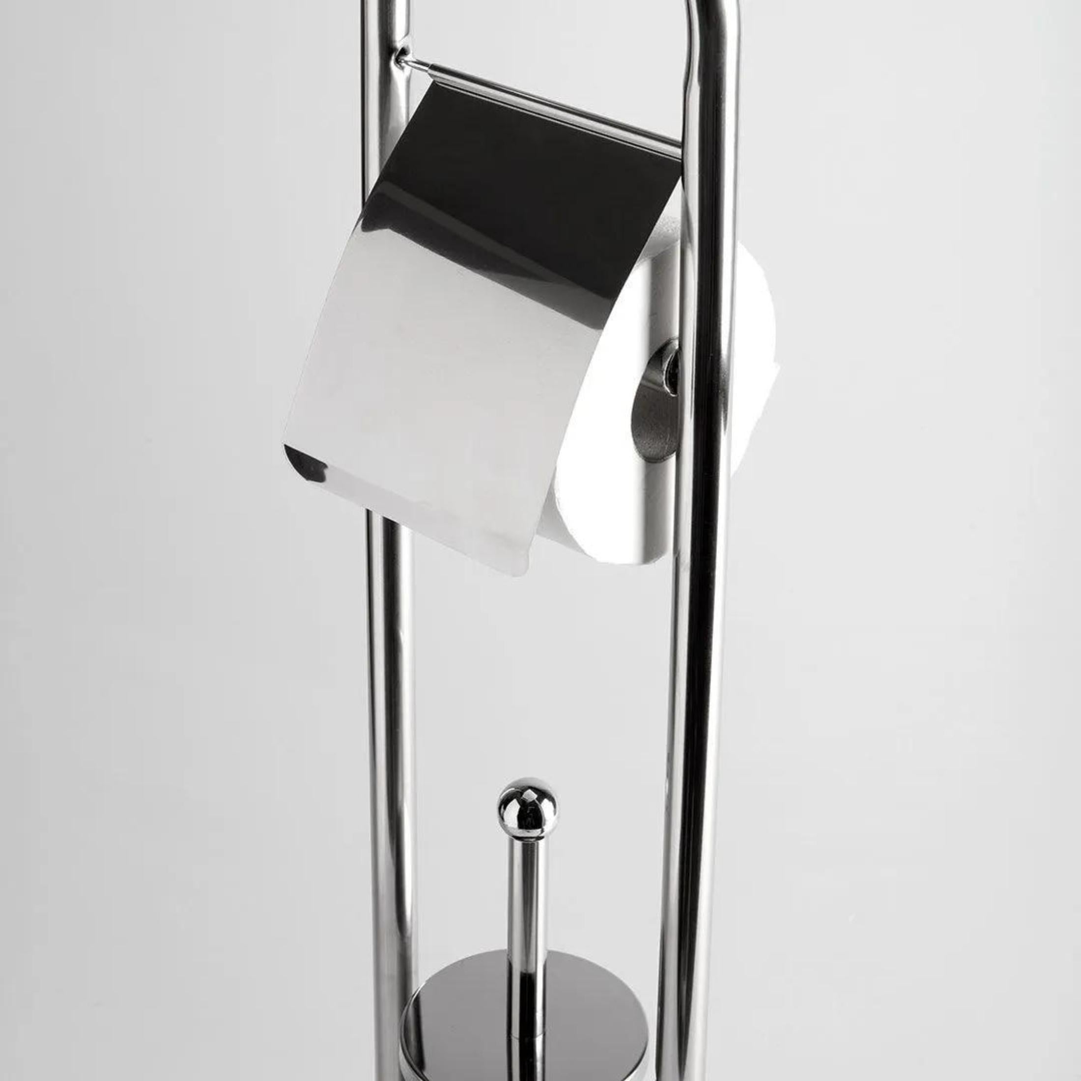 "Amélie" chrome-plated metal toilet roll holder and toilet brush holder with round base
