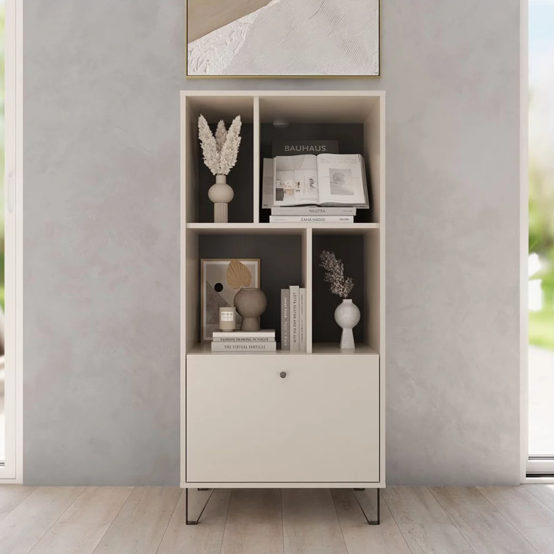 "Aldo" tall sideboard with open compartments in wood with raised feet, 63x40 cm, 135 cm high.