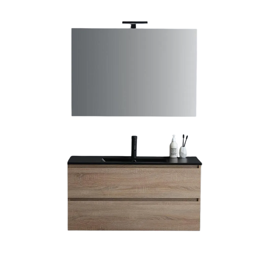 "Berlino60" oak-colored wall-hung bathroom cabinet with 2 drawers, black sink, and mirror