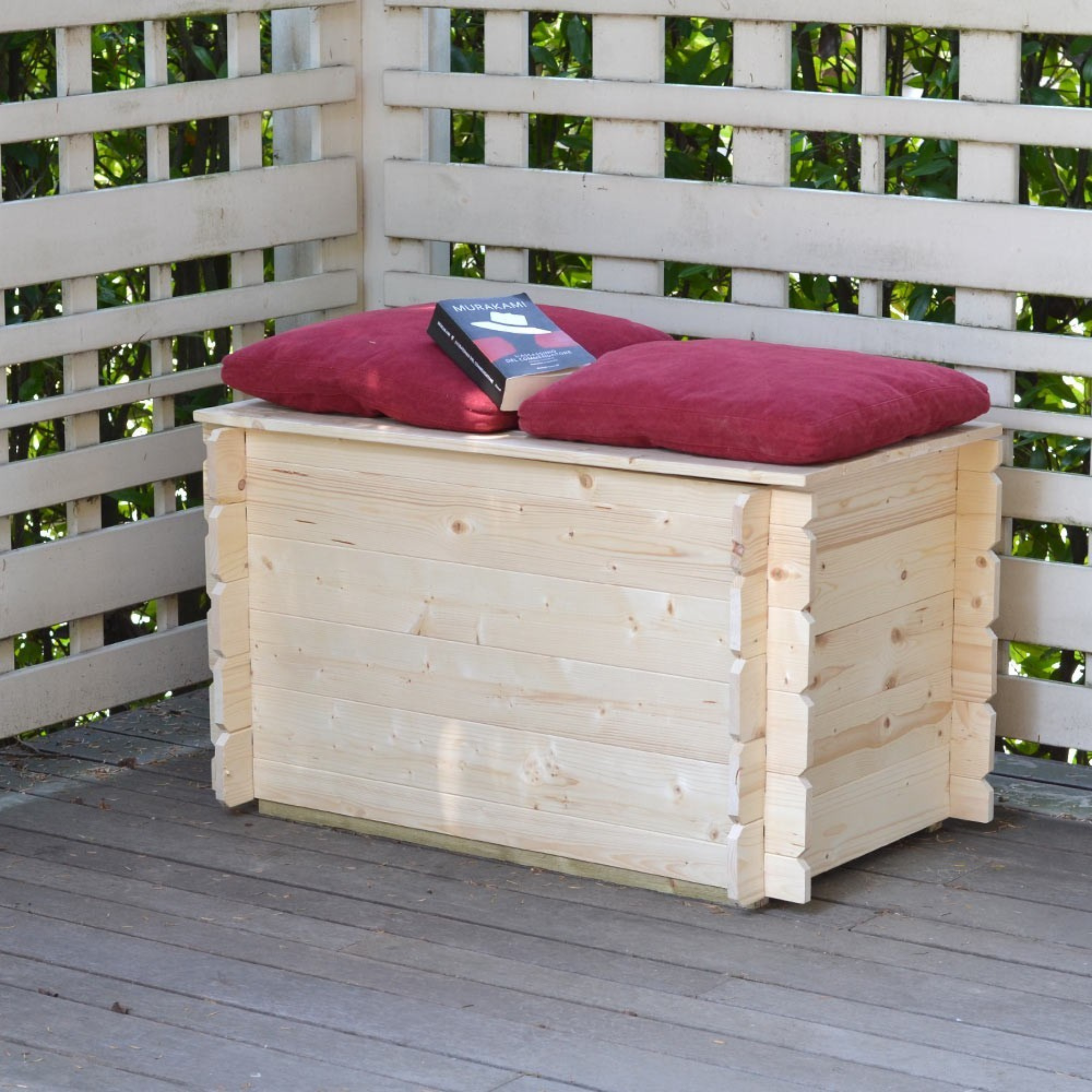 "Giove" natural wood garden chest with swing opening, 130x60 cm, 54 cm high