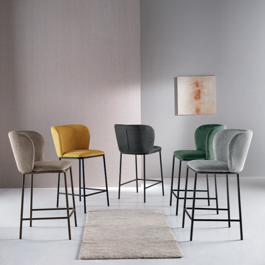 Set of fixed "Riva" stools with a soft and welcoming design in fabric, 58x52 cm, 95h