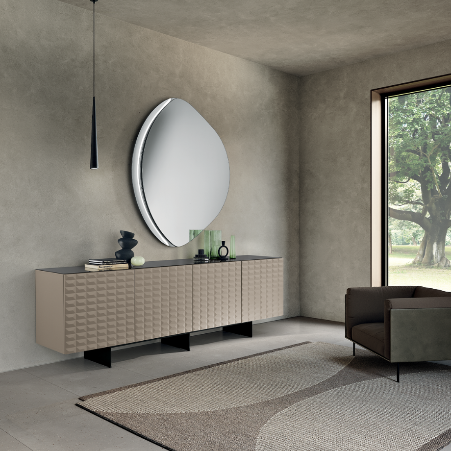 "Silhouette" shaped wall mirror with semi-frame in fused glass