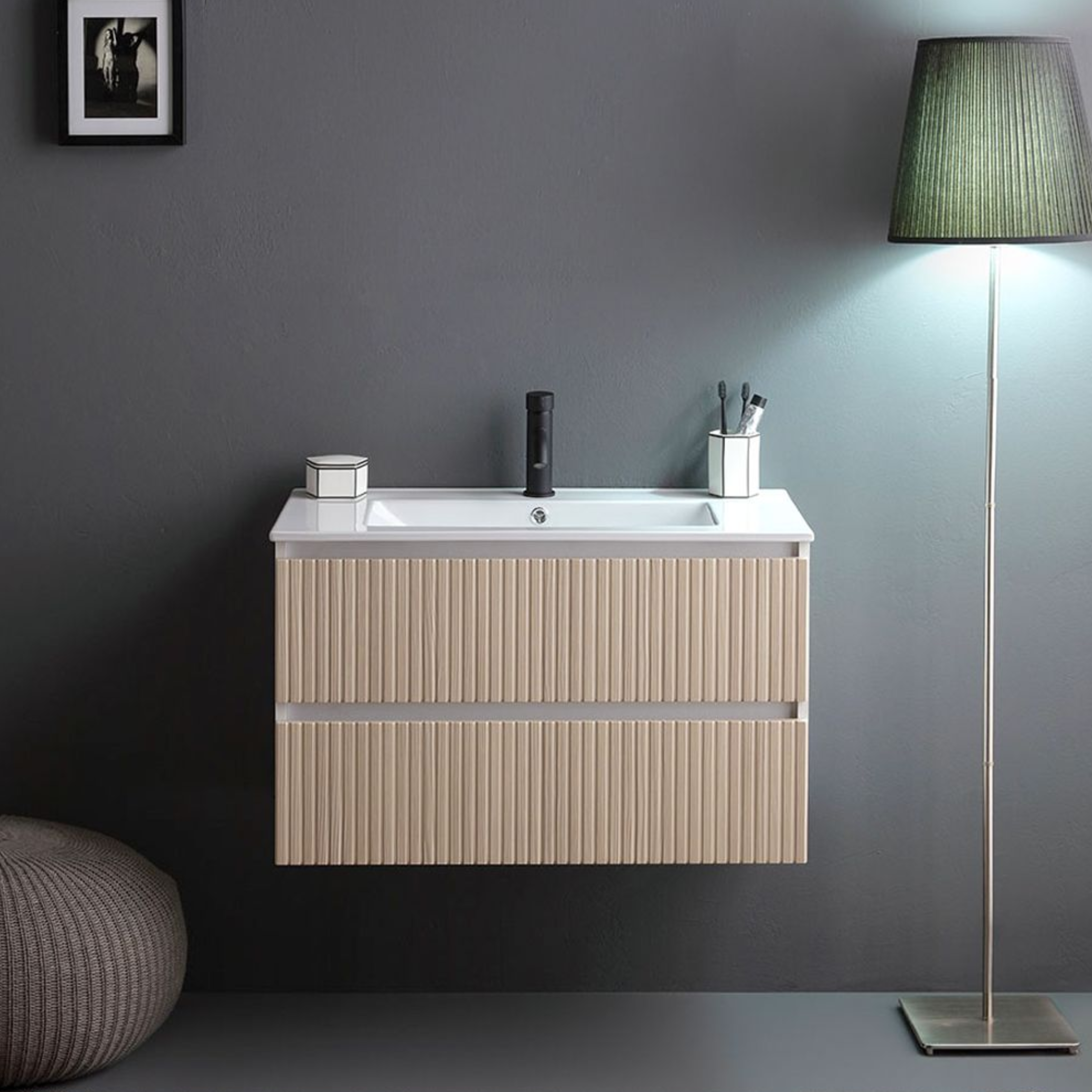 "Santorini" wall-hung bathroom cabinet, 80 cm, white and oak, with ribbed front and ceramic sink