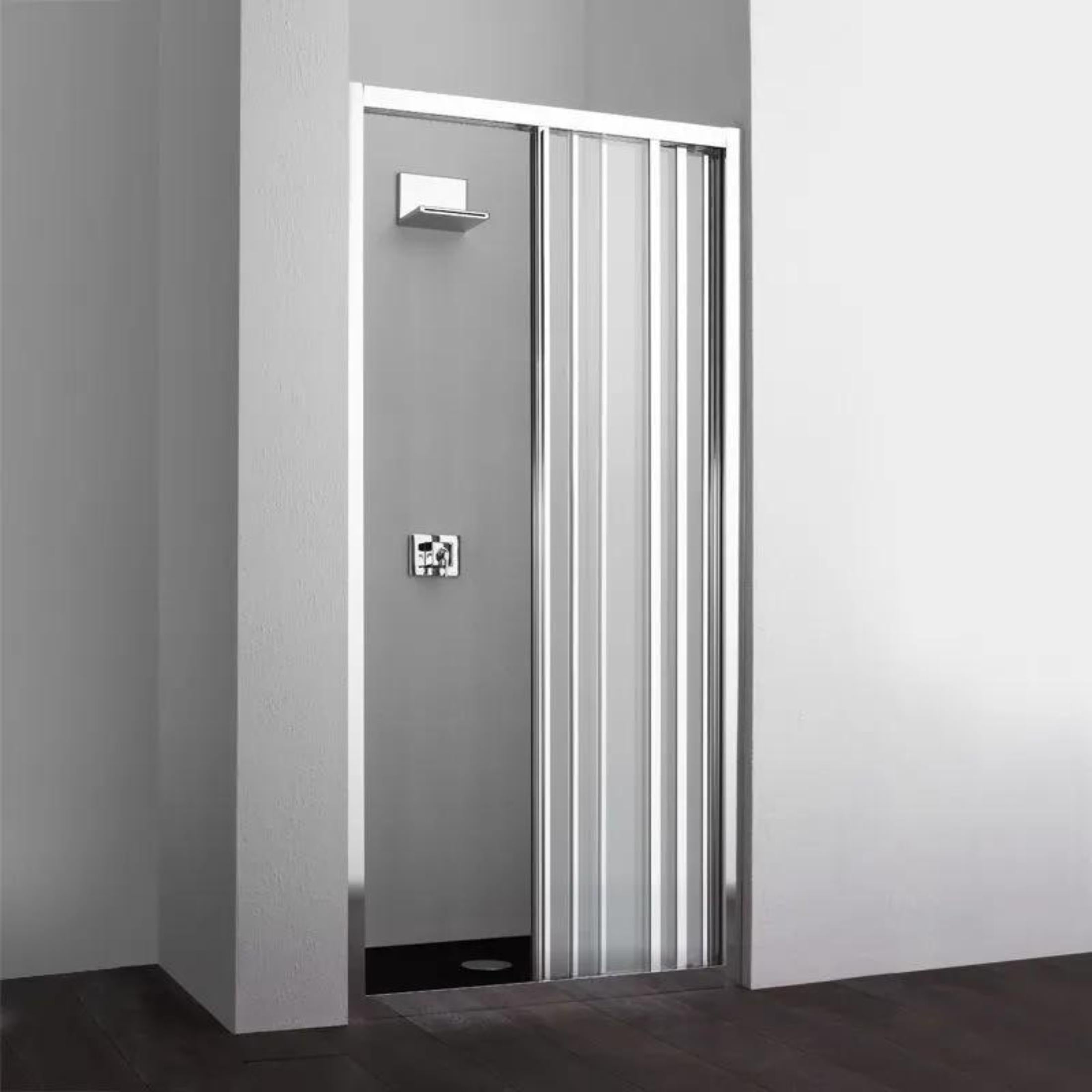 "Stella" 3-door shower niche door in chromed aluminum and tempered glass