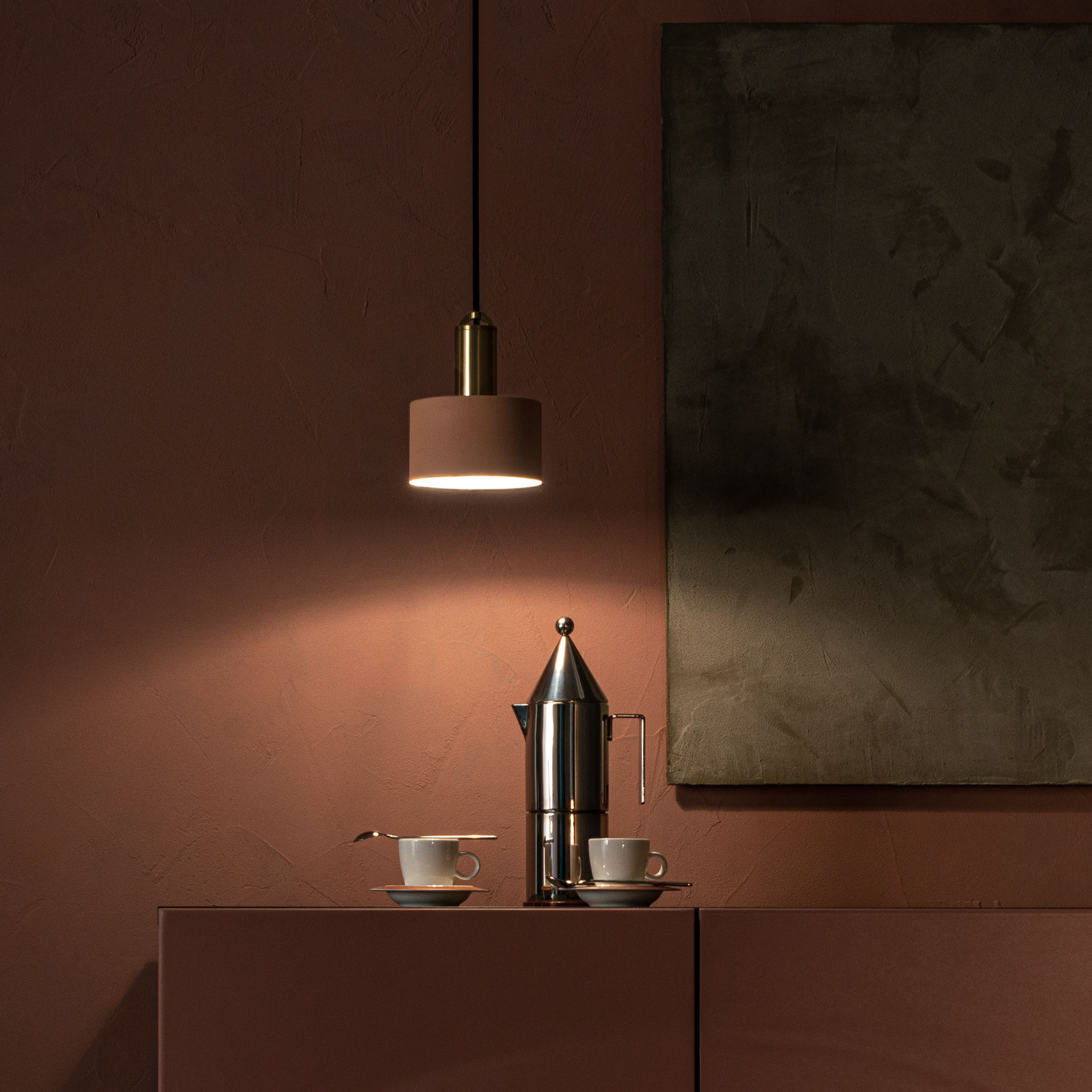 "Mizar" round pendant lamp in matt pink brass, 13x13 cm, 150 cm high