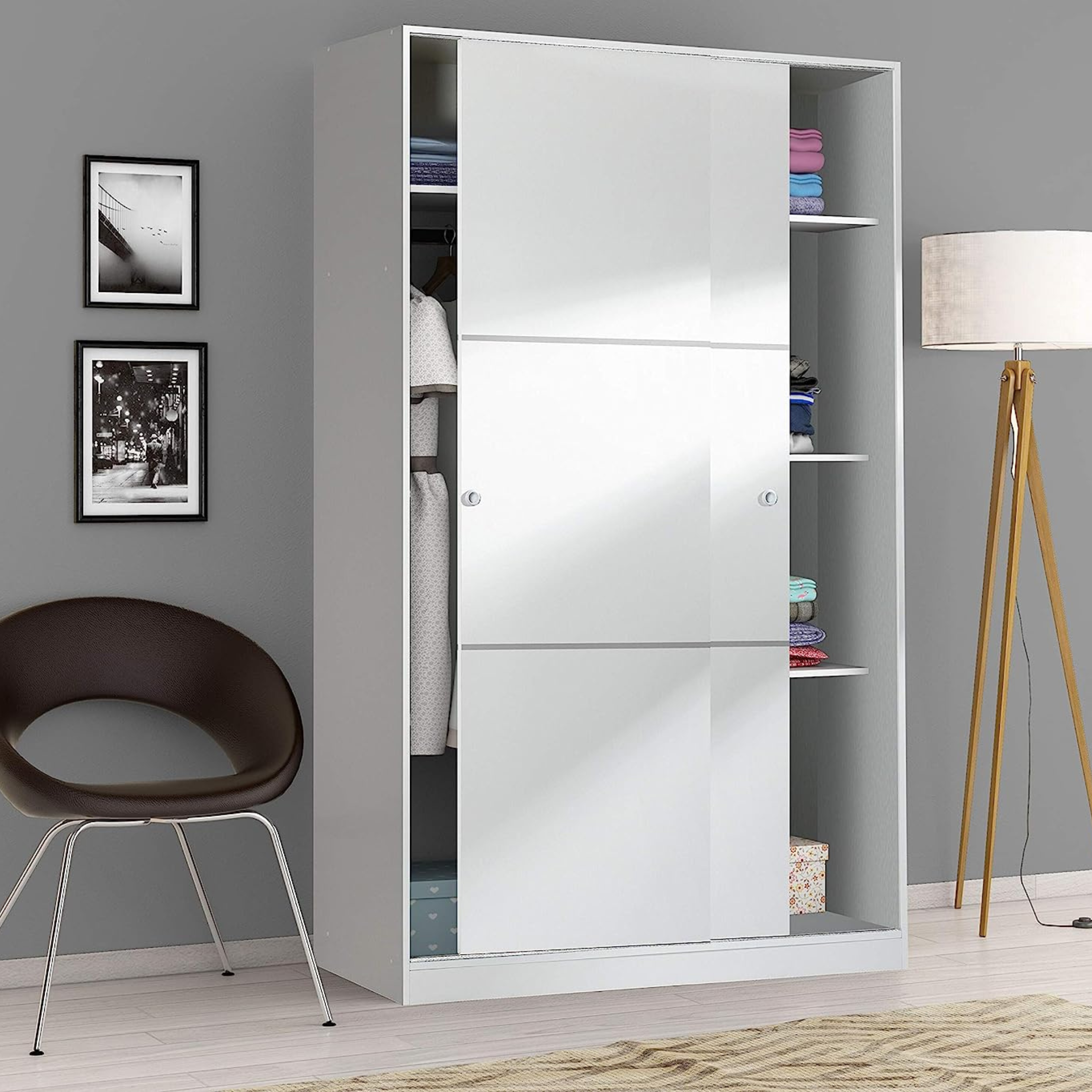 White wooden wardrobe with 2 sliding doors and 3 shelves, 120x50 cm, 200 cm high