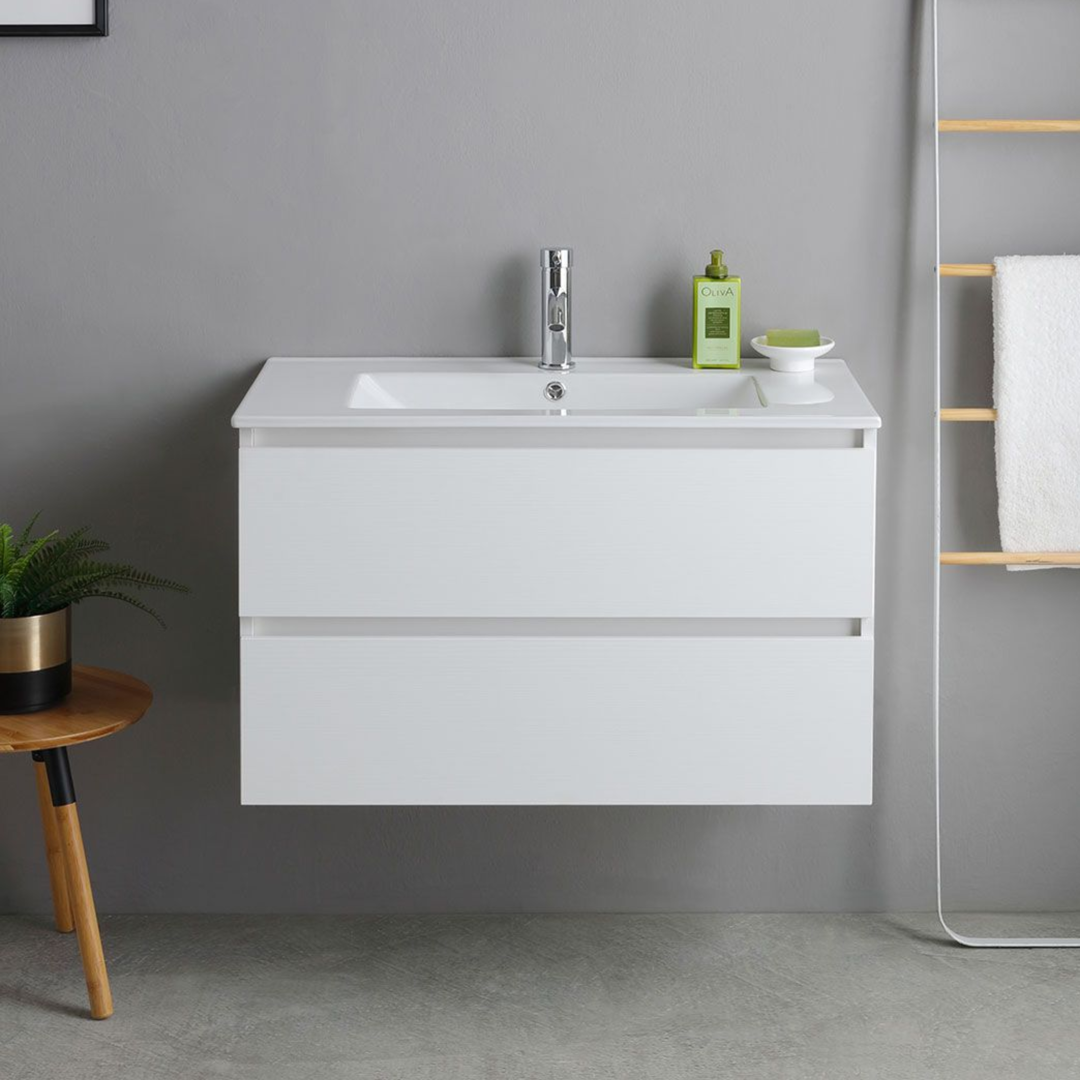 White "Havana" bathroom cabinet, 80 cm, wall-hung, 2 drawers, base unit with integrated ceramic sink
