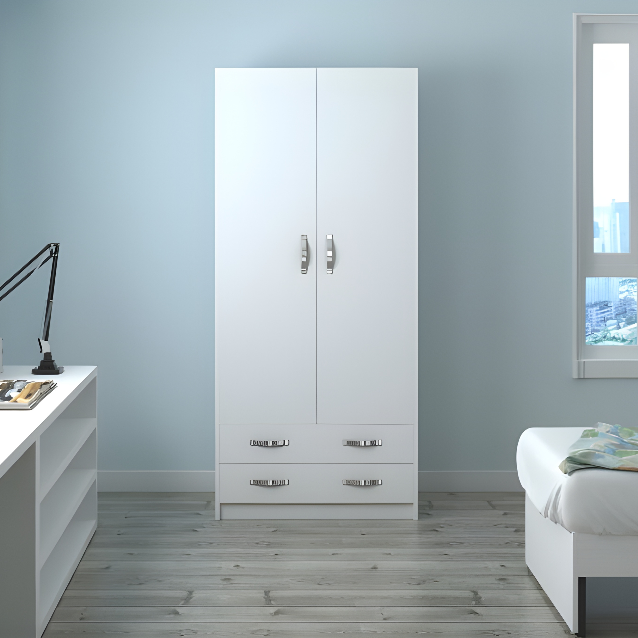 White wooden wardrobe "Modern2" with 2 doors and 2 drawers, clothes hangers, 91x52 cm, 210h