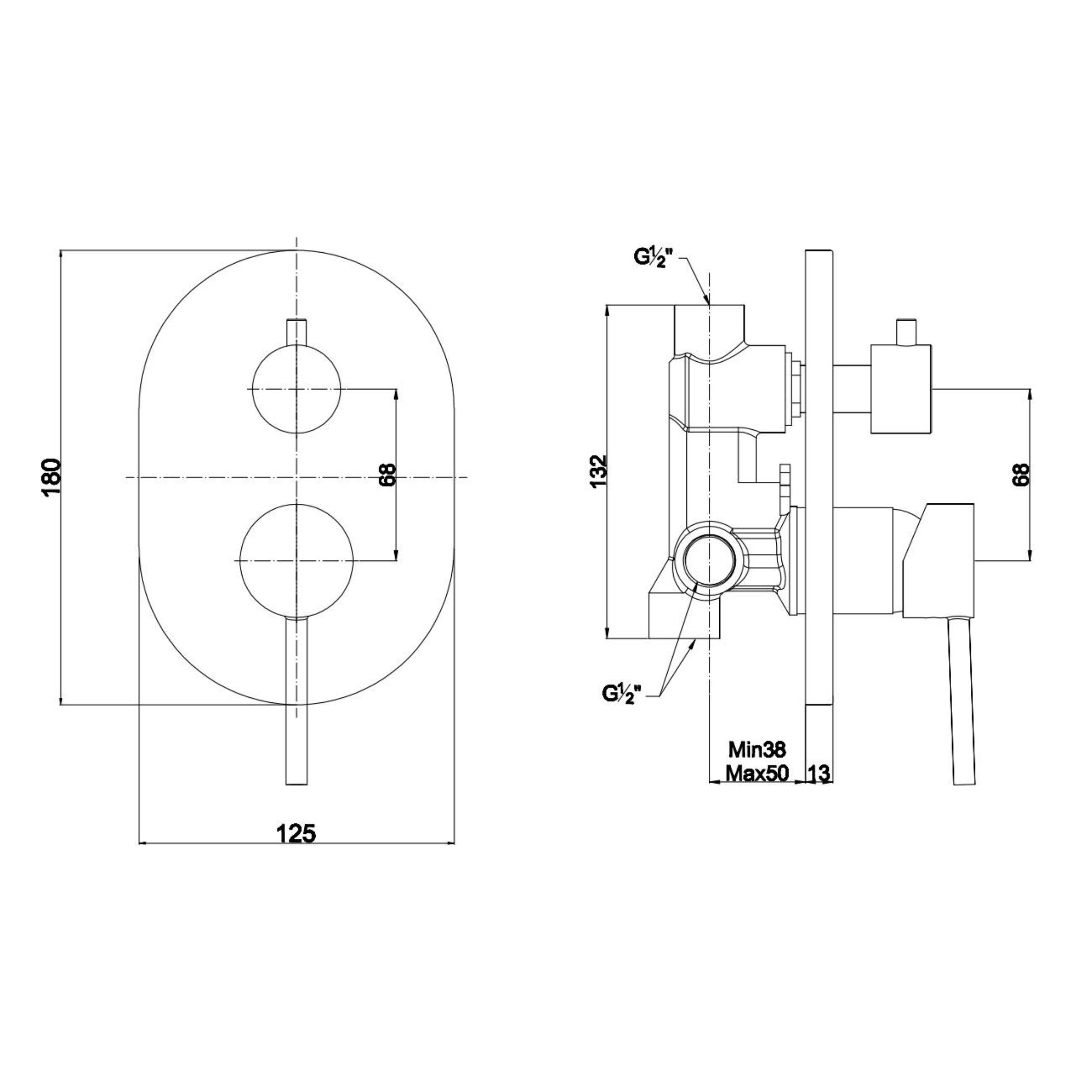 "Nyssa" wall-mounted built-in mixer with diverter for shower in chromed brass