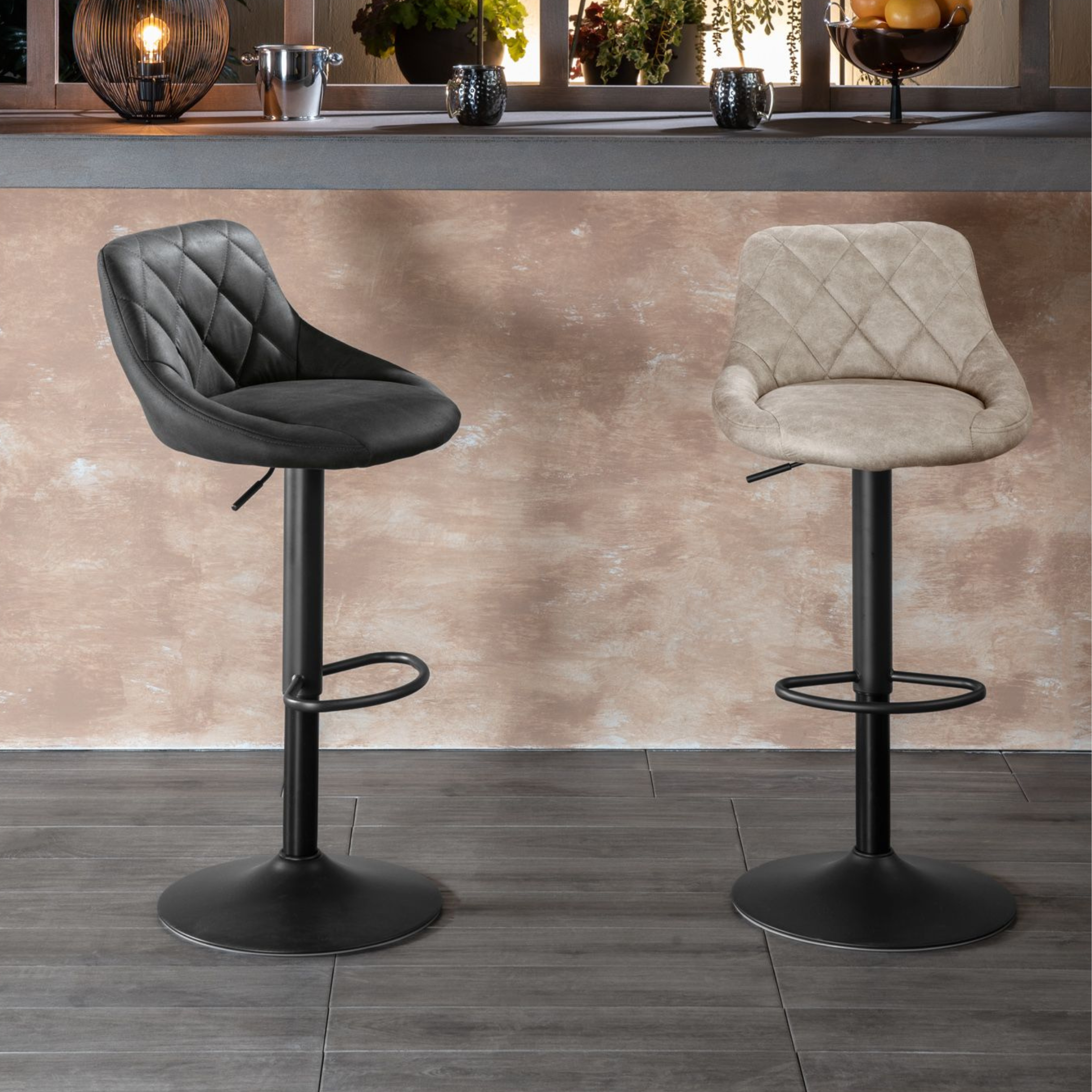 Set of modern high stools "Tema" in padded fabric with footrest cm 50x45 84h