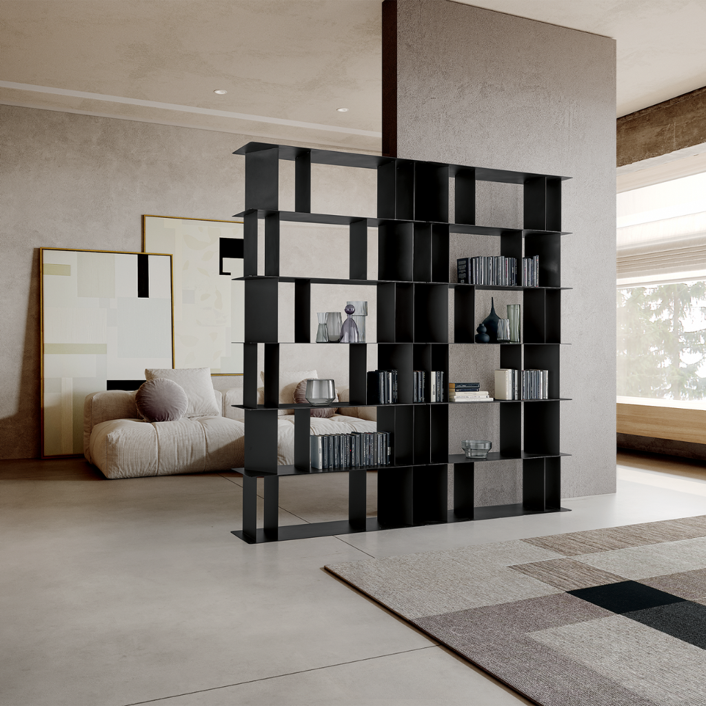 Versatile and modular three-shelf "Bert" metal bookcase, 130x40 cm, 85 cm high.