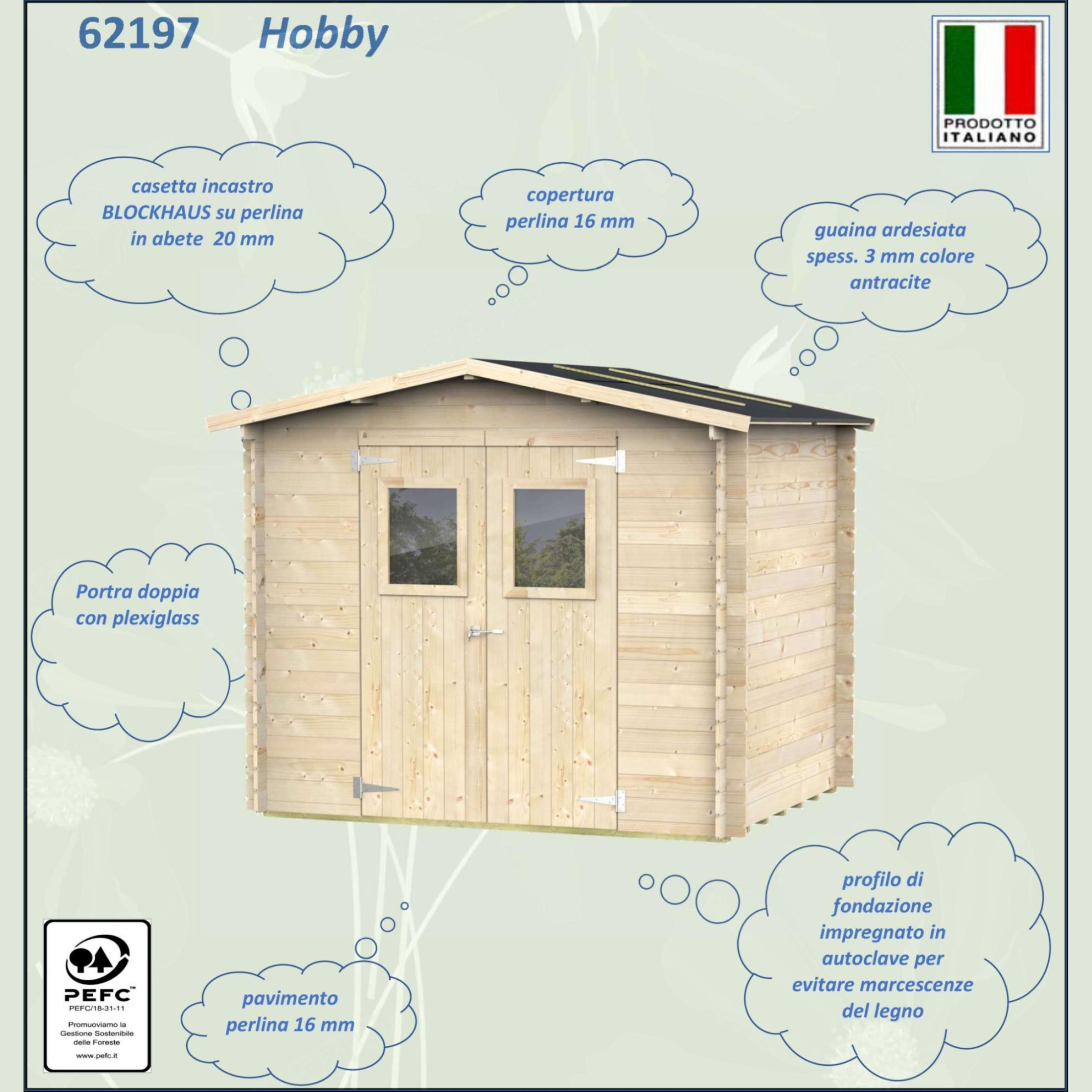 "Hobby" wooden garden house, 248x198 cm, 217 cm high, double door with windows