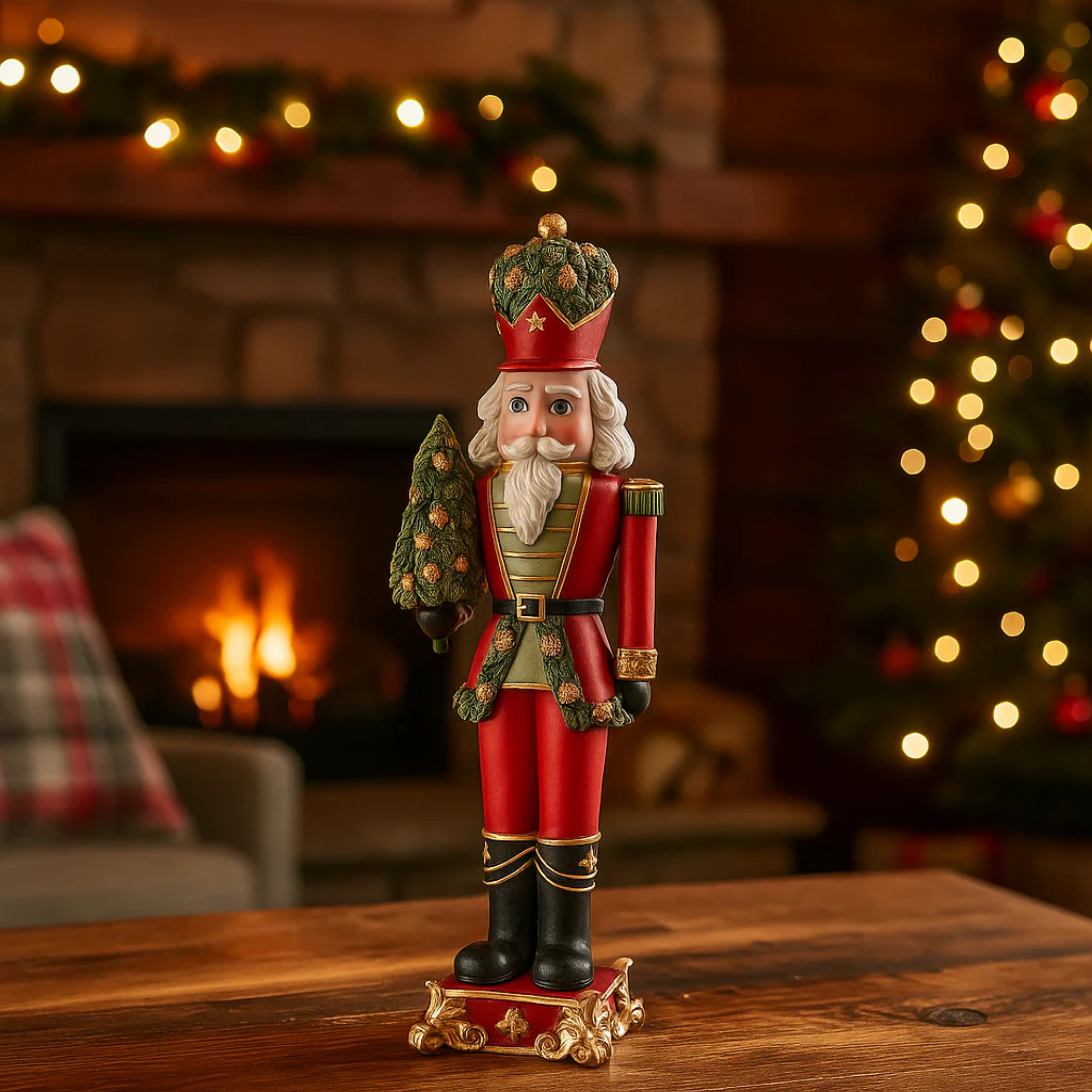 Christmas soldier with integrated decorative pine tree enriched with glitter, 41 cm high.