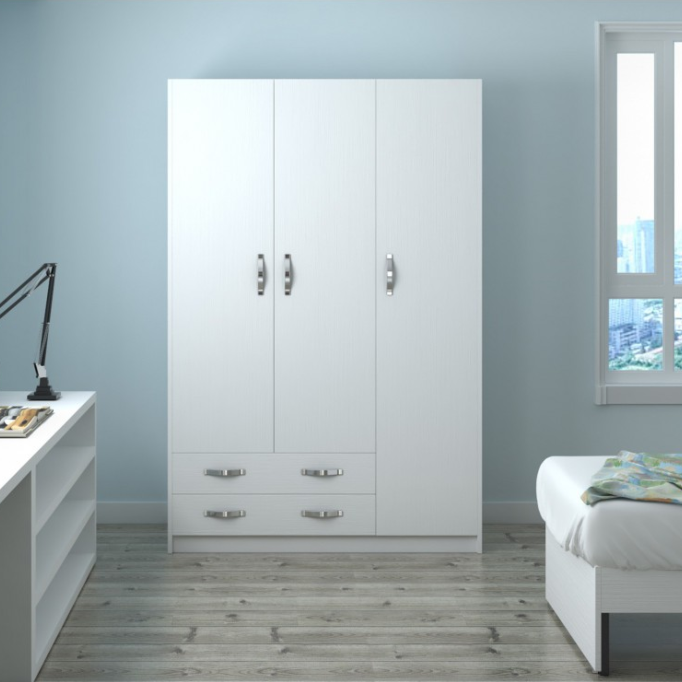 White wooden wardrobe "Modern3" with 3 doors and 2 drawers, clothes hanger, 135x52 cm, 210h