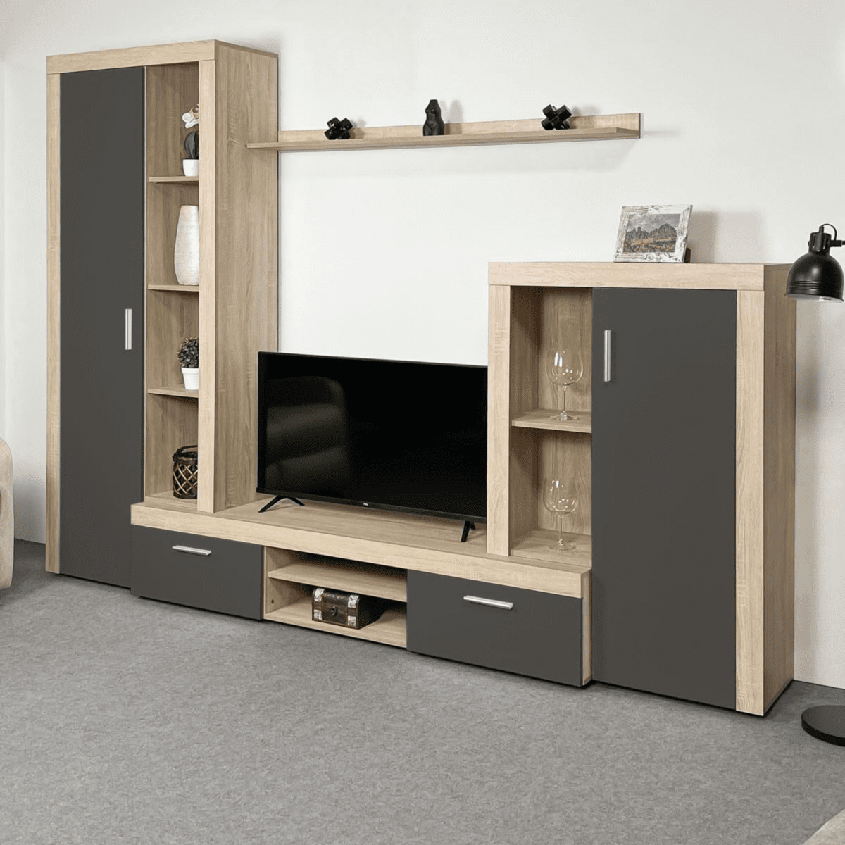 Kit parete attrezzata da soggiorno "Nobel" in legno naturale e antracite cm 263x40 200h - MondoViro