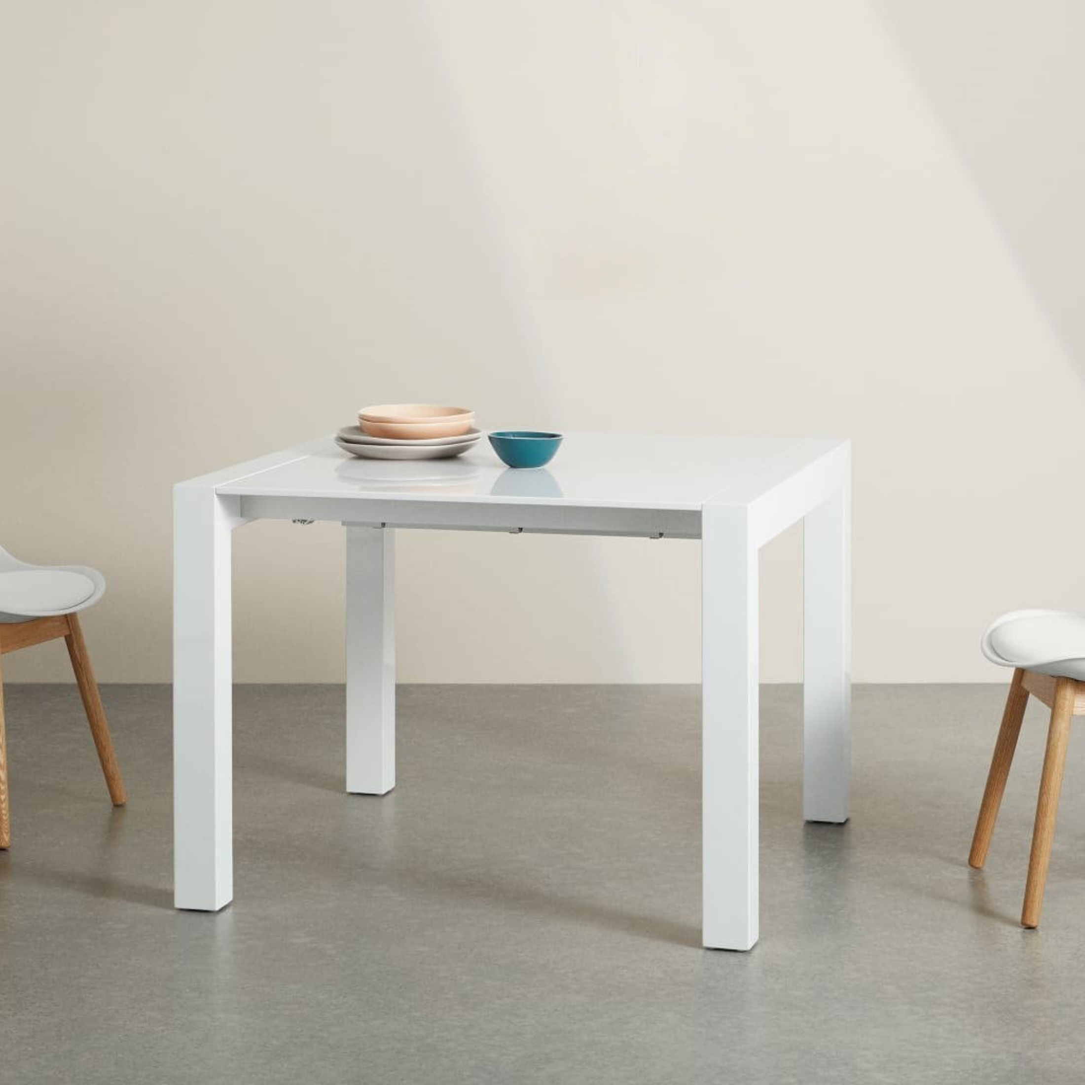"Spike" modern extendable white wooden dining table, 103 cm/170 x 90 cm, 76 cm high