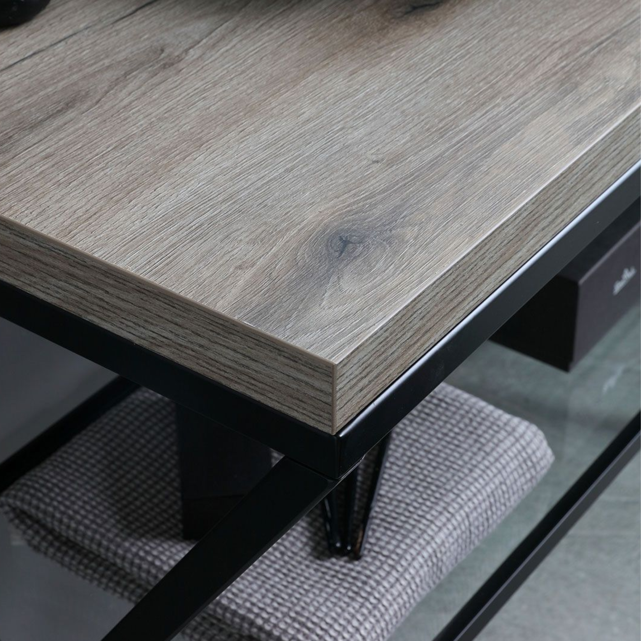 "Medellín" 100cm floor-standing bathroom cabinet in fossil oak with round grey ceramic sink and rectangular mirror