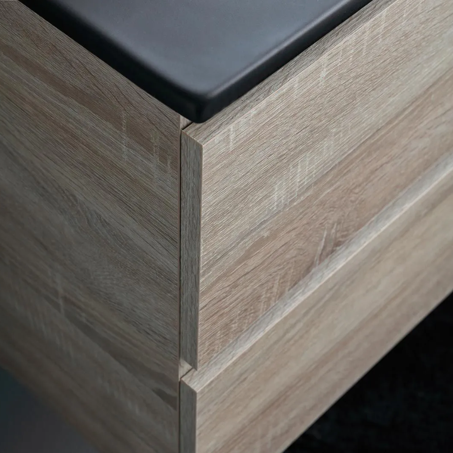 "Berlino60" oak-colored wall-hung bathroom cabinet with 2 drawers, black sink, and mirror