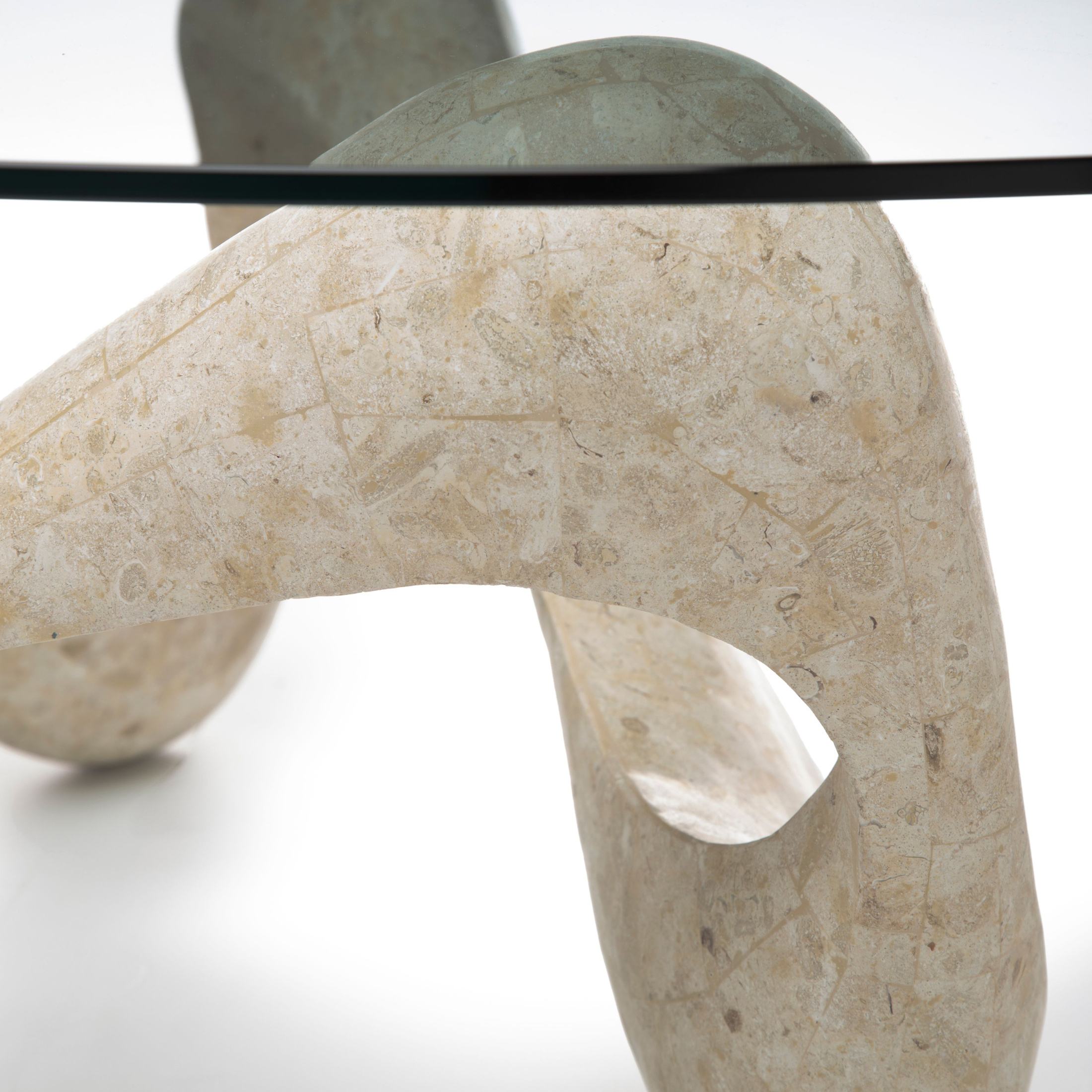 "Scarf" fossil stone coffee table with tempered glass top, 100x100 cm, 42.5 cm high.