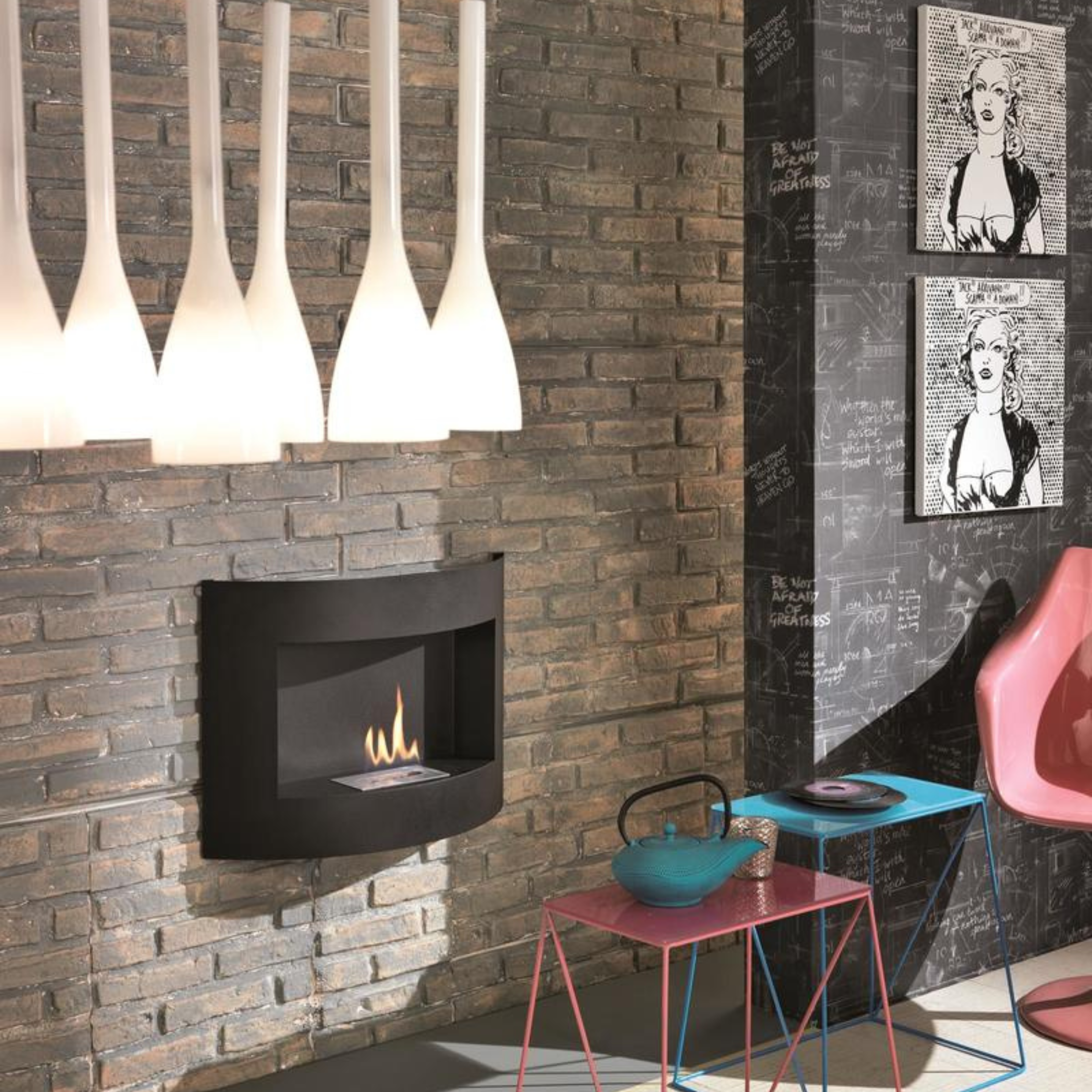 "Richard" bioethanol fireplace, painted metal, wall-mounted, 63x15.5 cm, 45 cm high