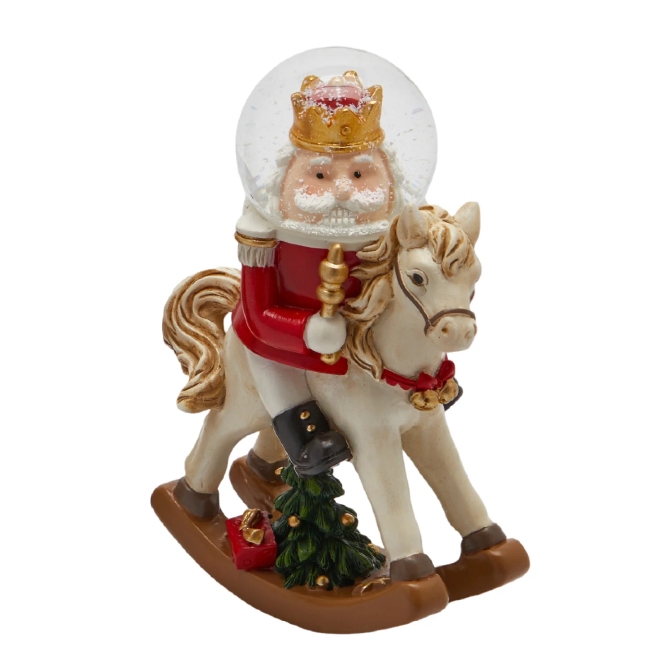 Resin rocking horse with glass water sphere and internal Christmas scene with shiny snow effect, 13.5 cm high.