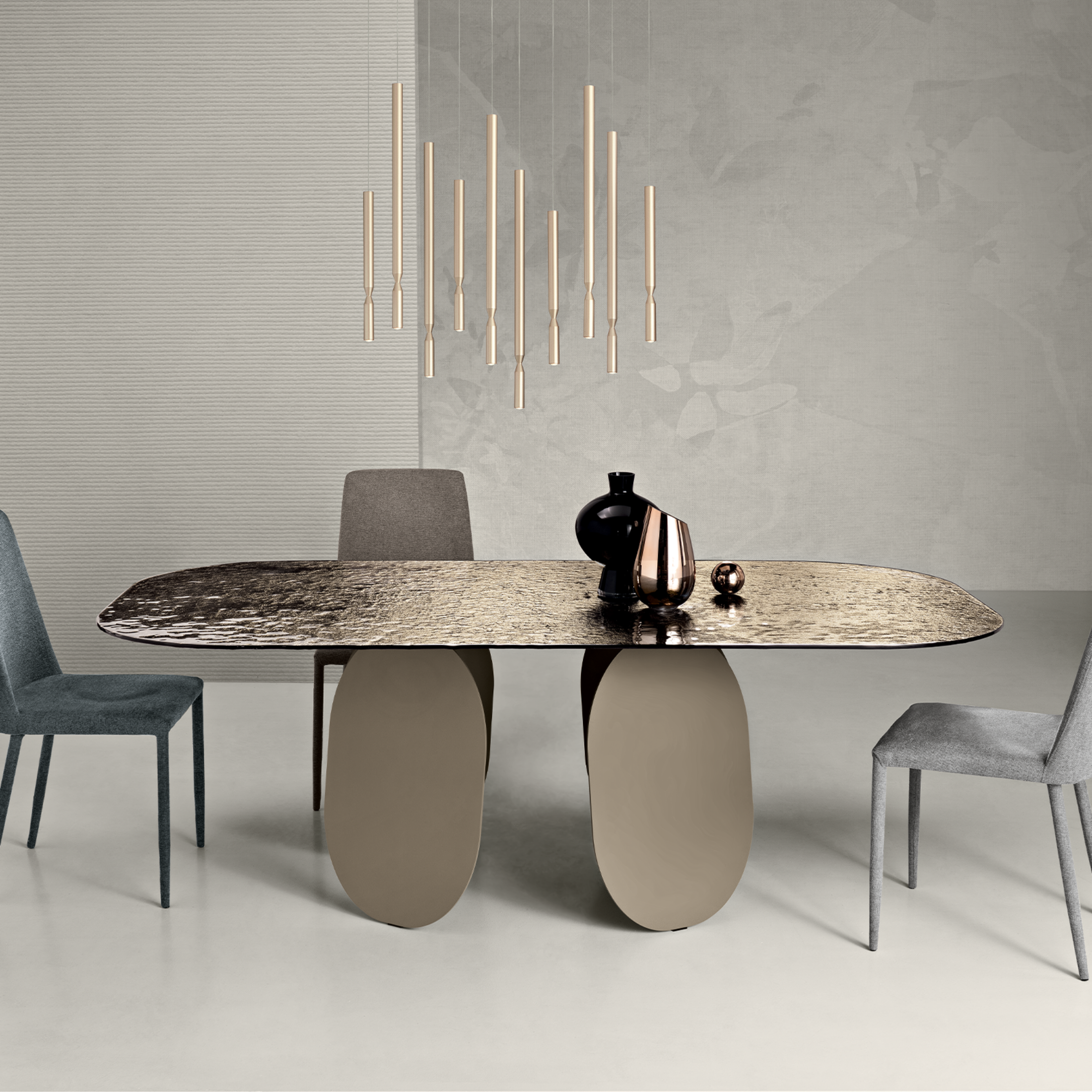 "Monroe" modern fixed dining table with hammered glass top