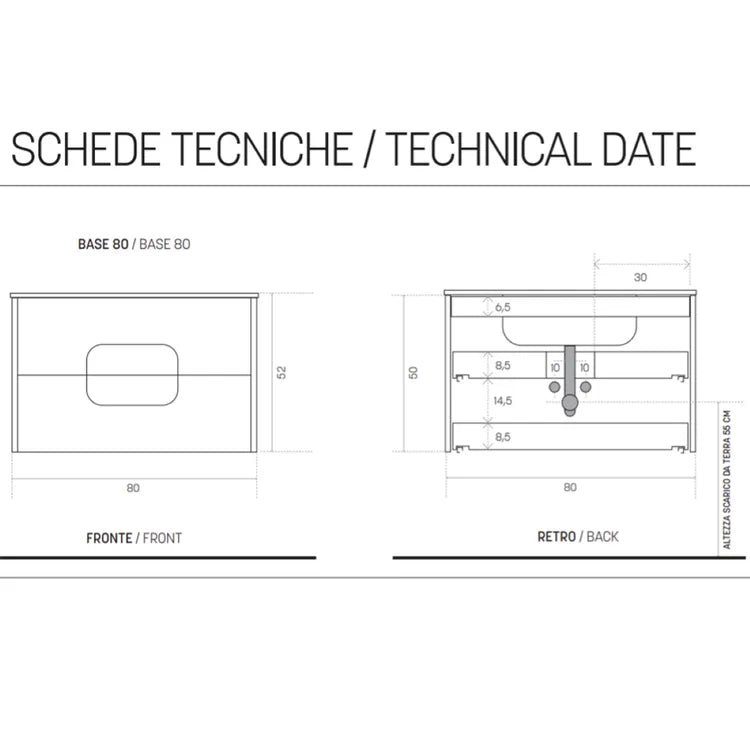 "Jade80" wall-hung bathroom cabinet in white larch wood with 2 drawers and sink