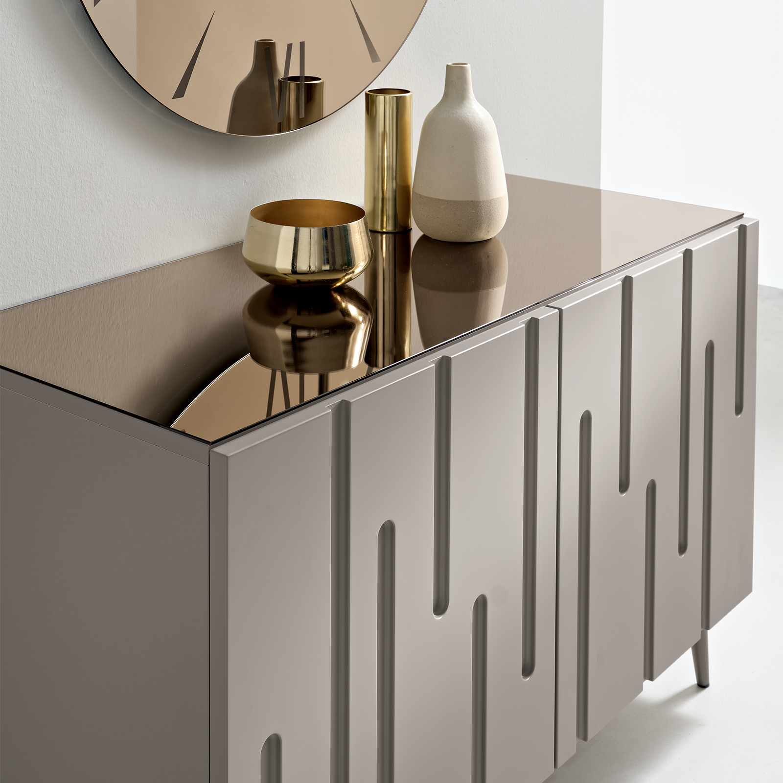 Dove grey "Lira" sideboard with lacquered MDF doors and chipboard body with bronze top and 5 feet