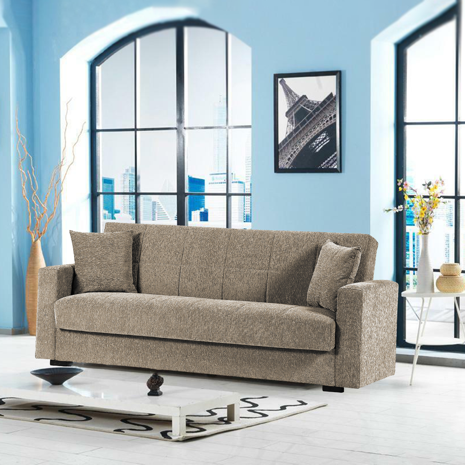 Modern double sofa bed with storage "Noa" in fabric 210x80 cm 90h