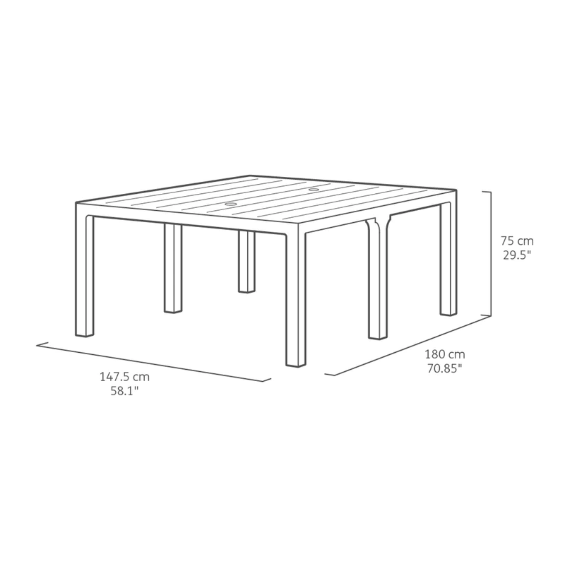 "Julie" outdoor table with slats in square and rectangular resin for the garden, 295x90 cm, 74.5 cm high