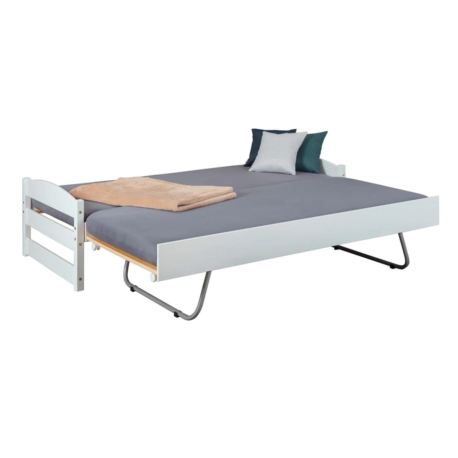 3-function pull-out double bed in white wood, 209x97 cm, 62 cm high