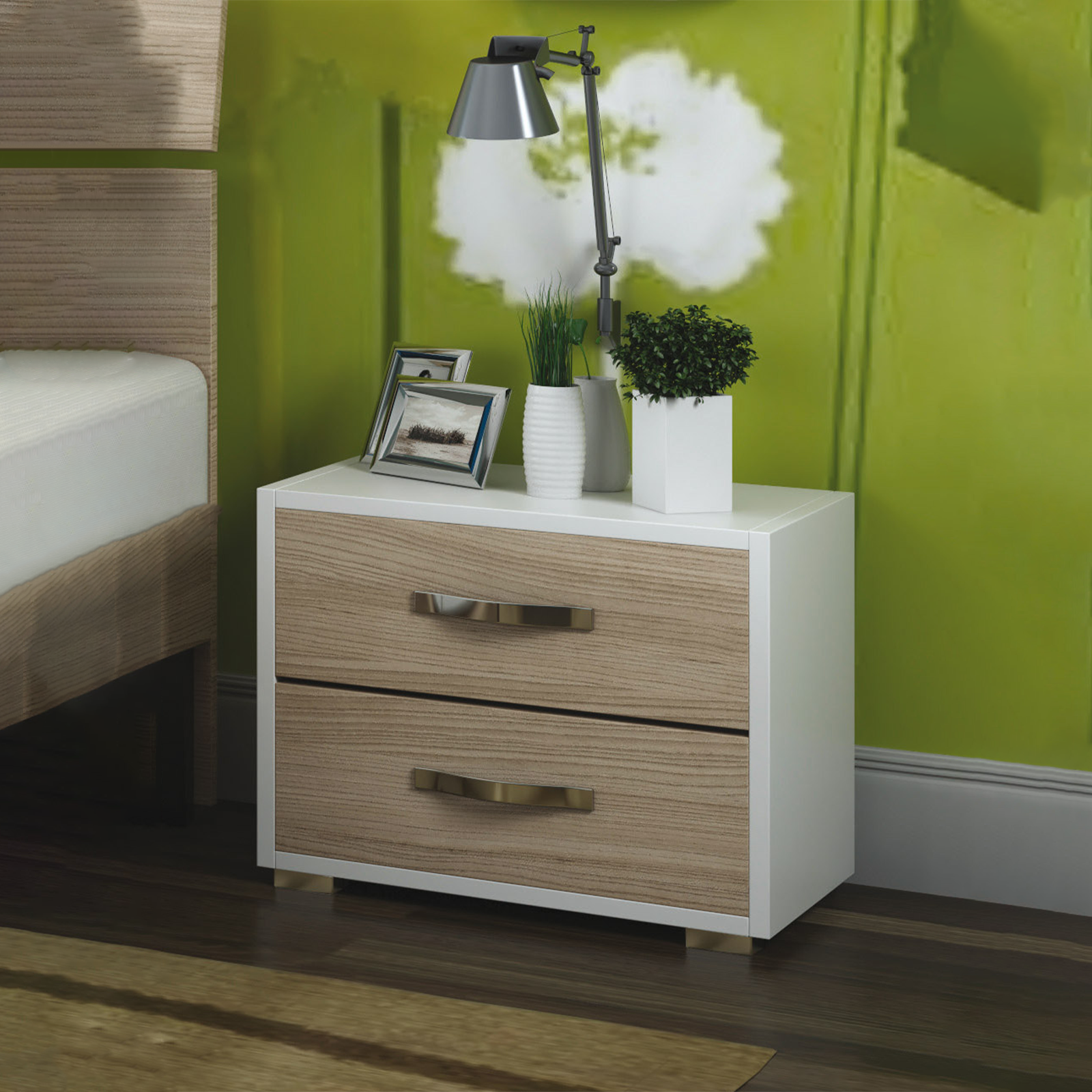 Modern elm wood bedside table, 2 drawers, 52x36 cm, 43h