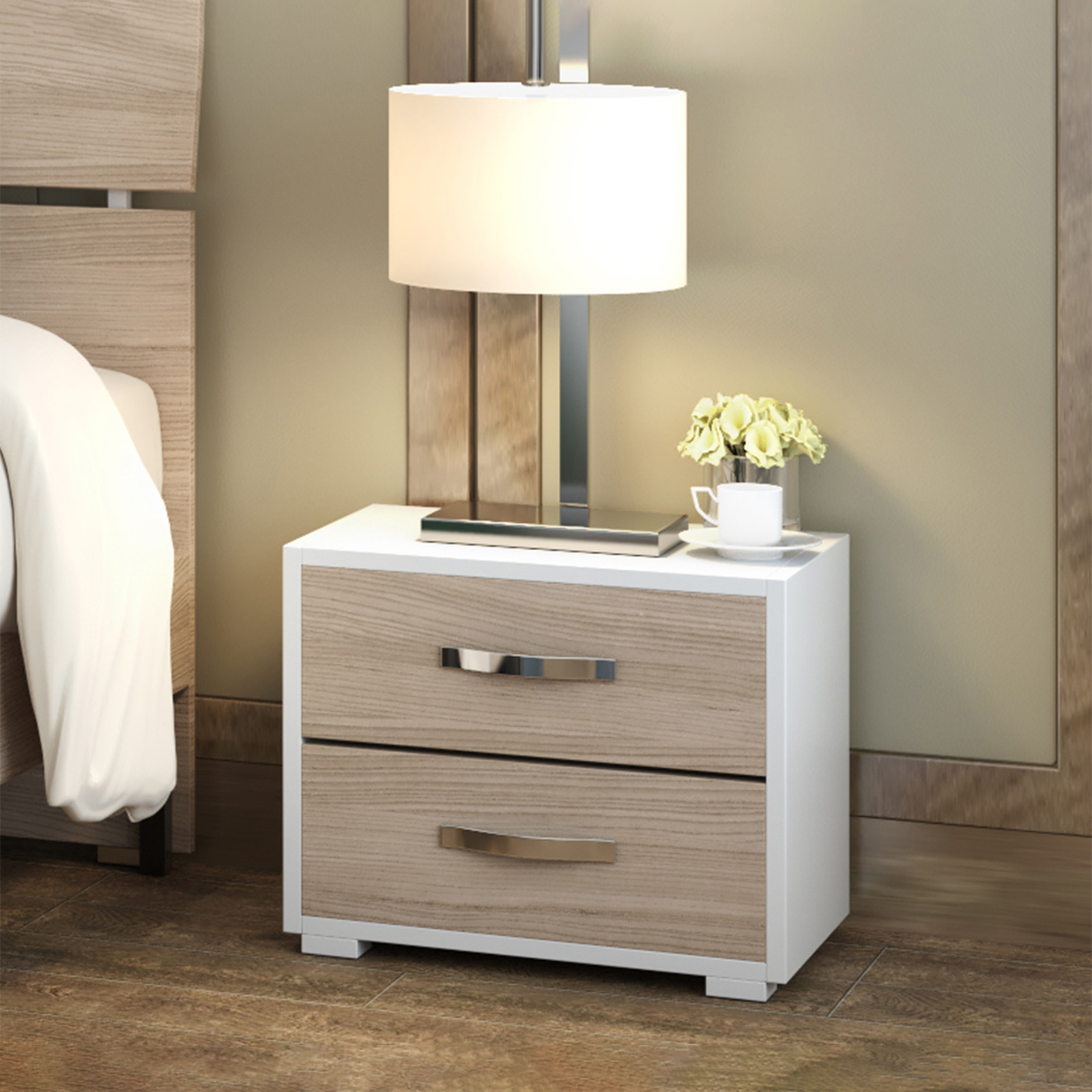 Modern elm wood bedside table, 2 drawers, 52x36 cm, 43h