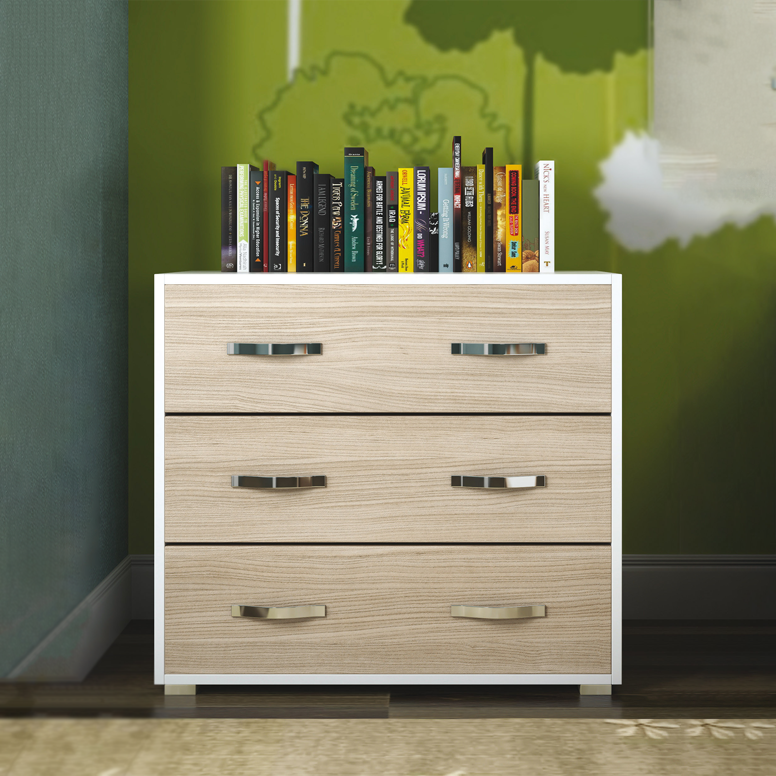 "Modern" wooden chest of drawers with 3 drawers, white/elm, 91x45 cm, 81h