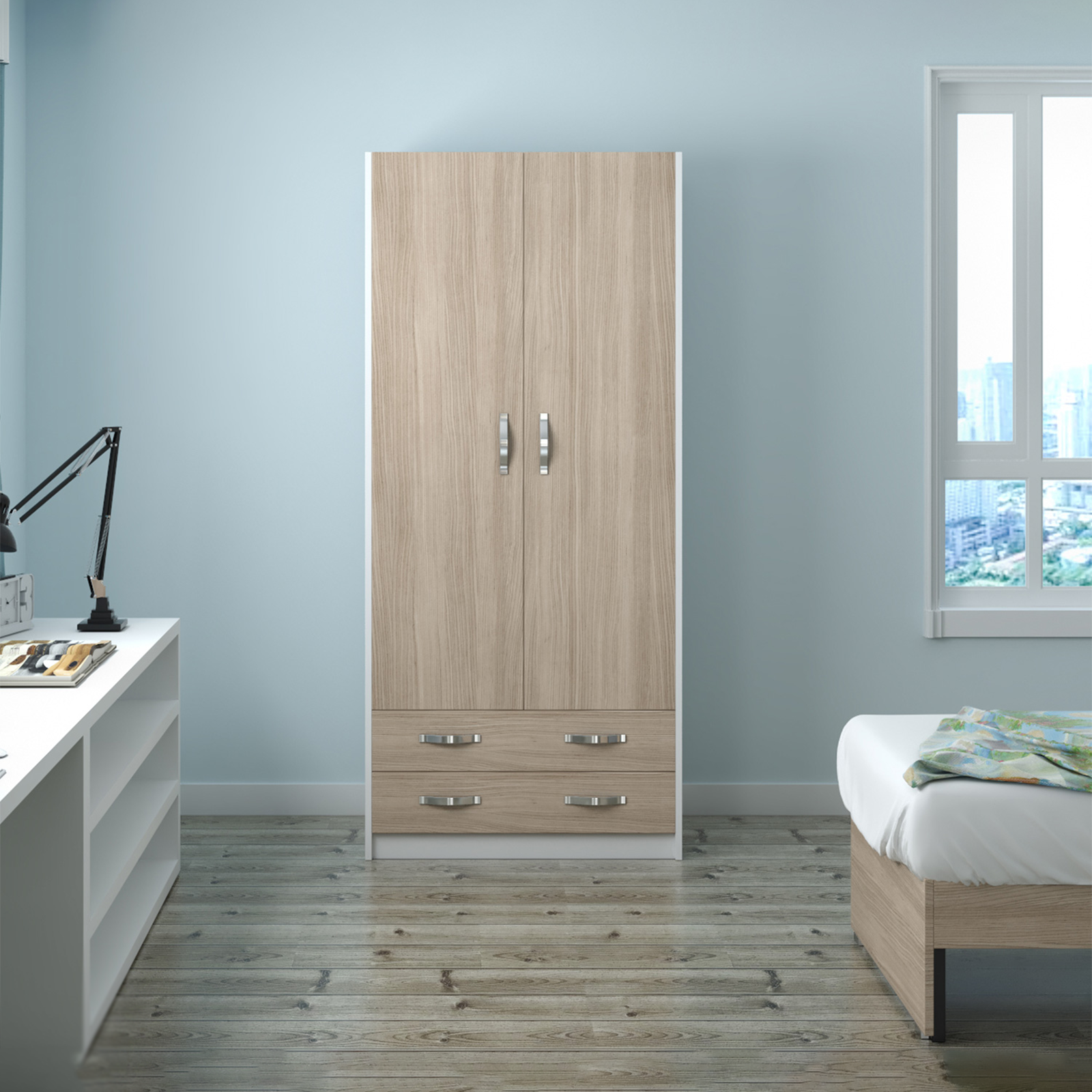"Modern" two-door wardrobe with 2 drawers in elm wood, 91x52 cm, 210h