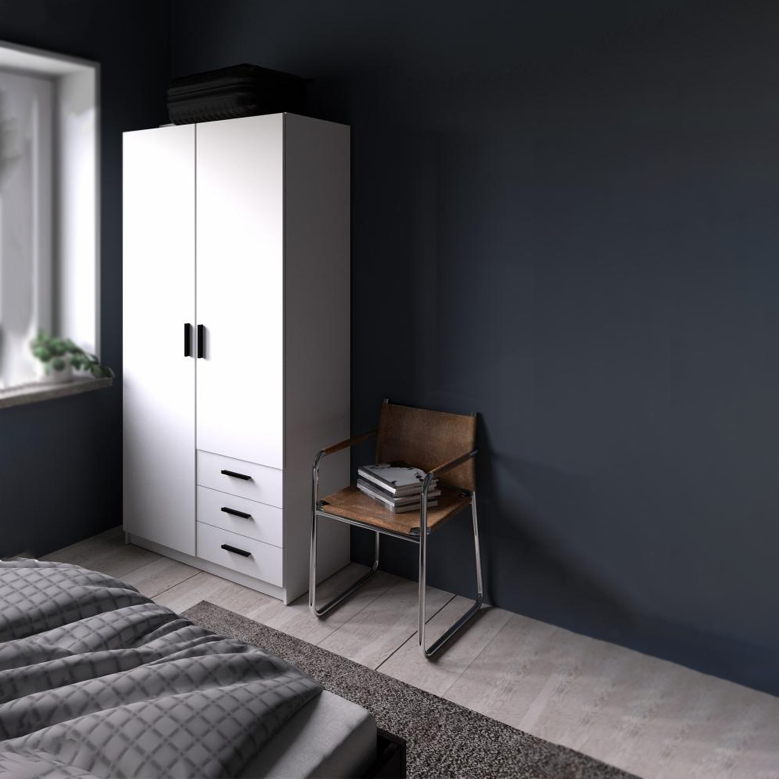 Modern wardrobe with doors and 3 drawers "Sprint" in white wood, 200 cm high.