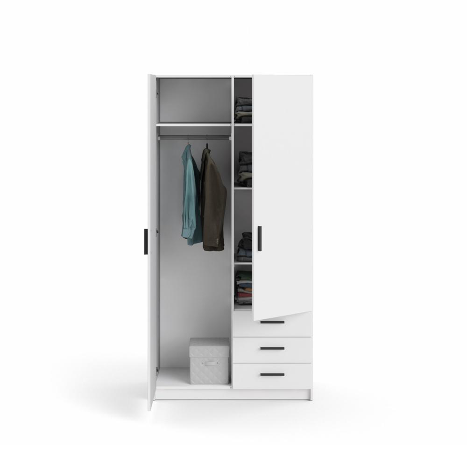 Modern wardrobe with doors and 3 drawers "Sprint" in white wood, 200 cm high.