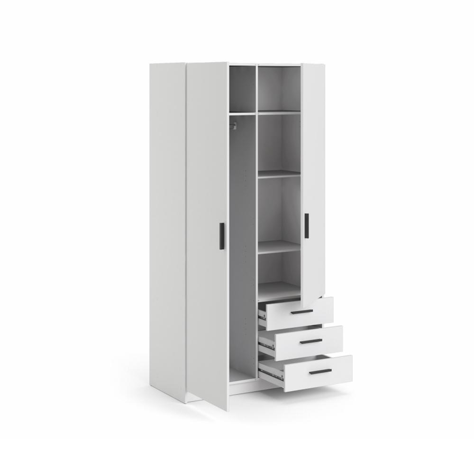 Modern wardrobe with doors and 3 drawers "Sprint" in white wood, 200 cm high.