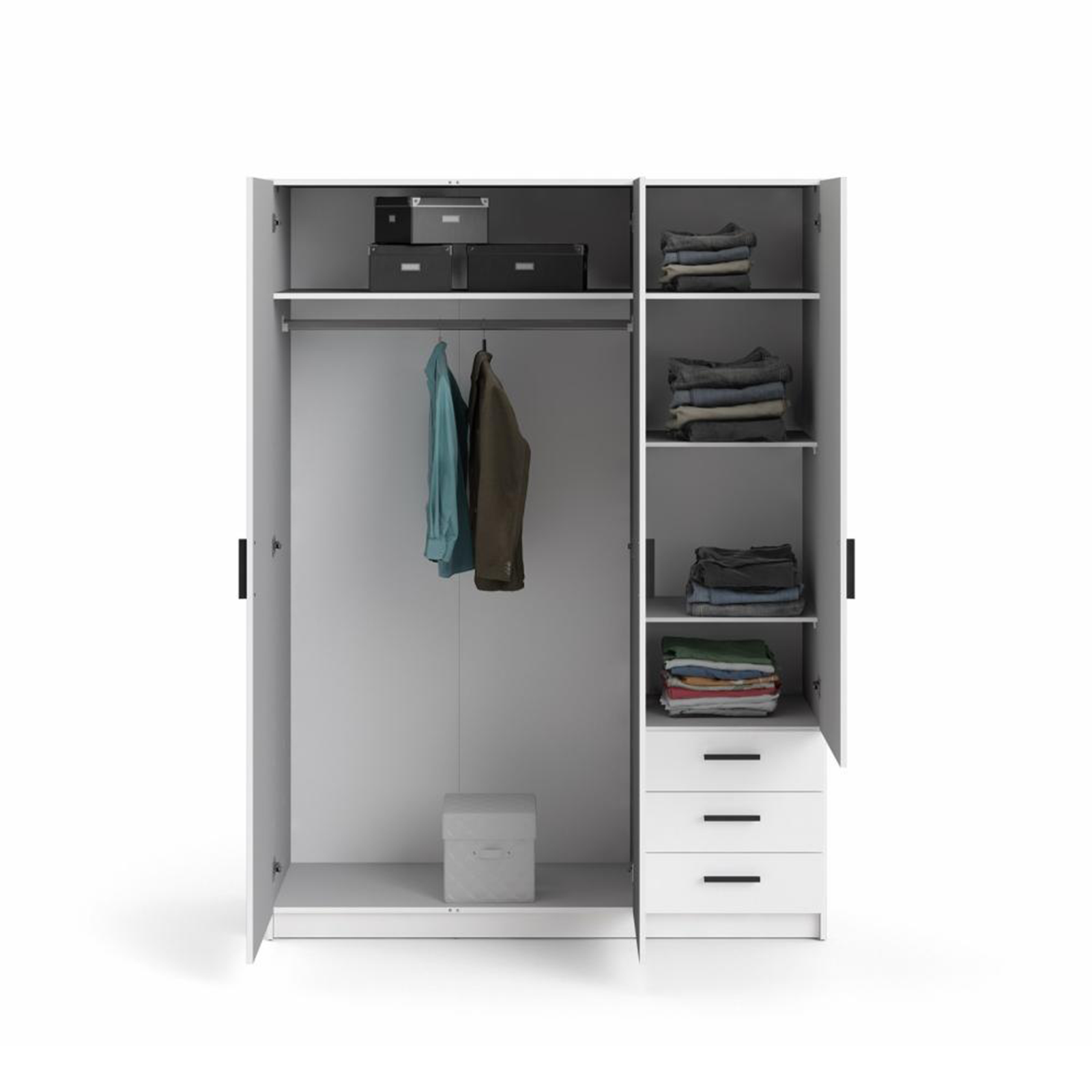 Modern wardrobe with doors and 3 drawers "Sprint" in white wood, 200 cm high.