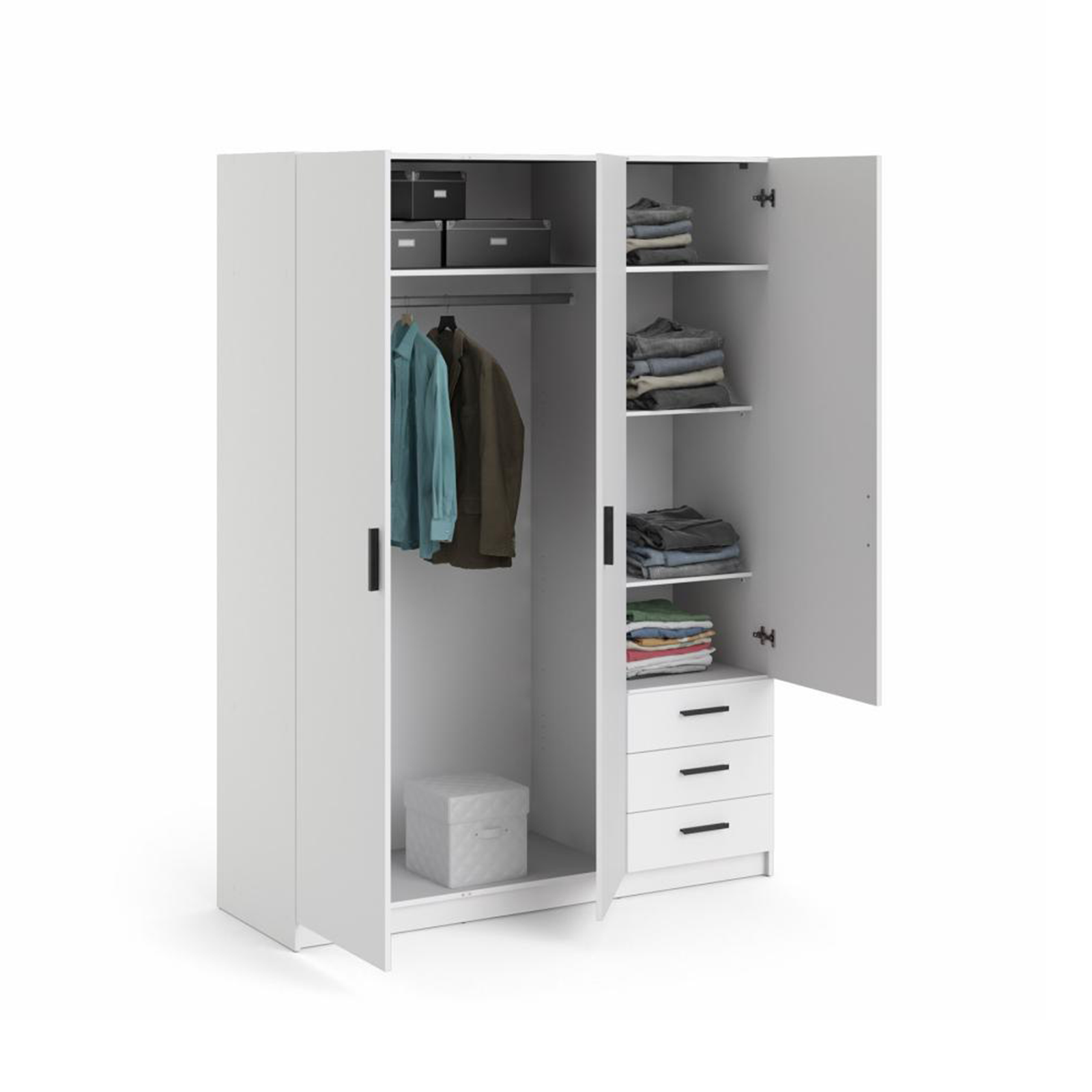 Modern wardrobe with doors and 3 drawers "Sprint" in white wood, 200 cm high.