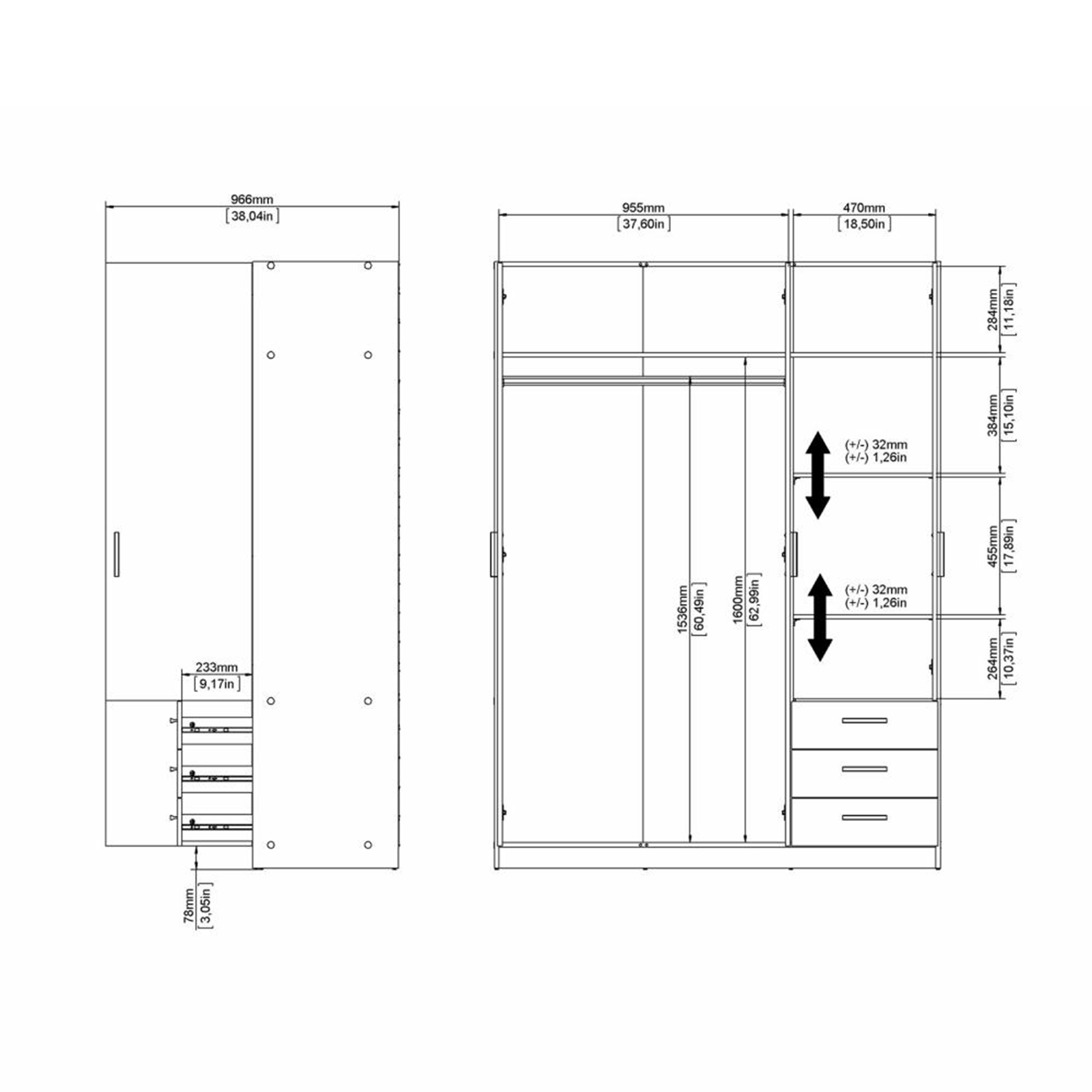 Modern wardrobe with doors and 3 drawers "Sprint" in white wood, 200 cm high.