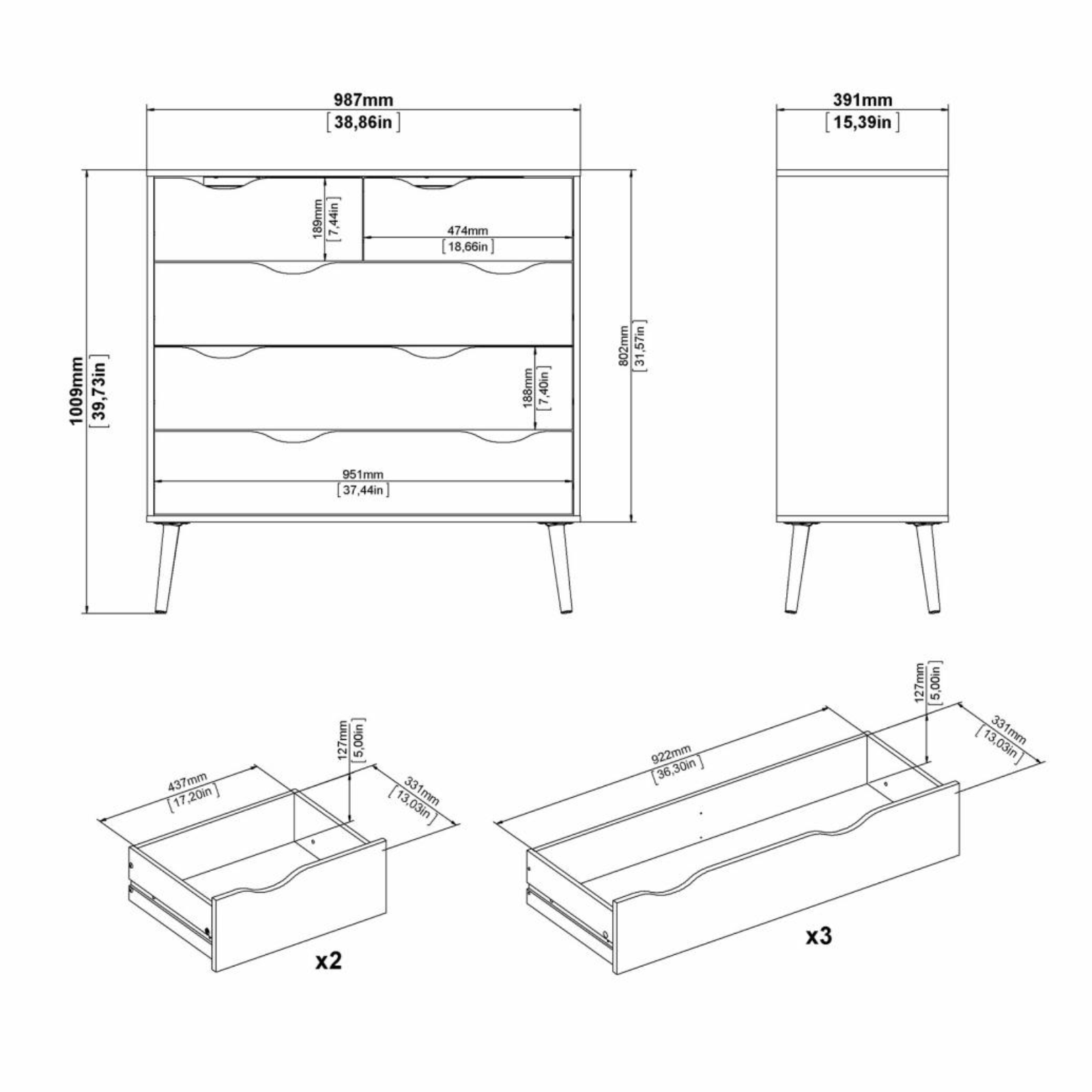 Modern "Oslo" bedroom chest of drawers in white and oak wood